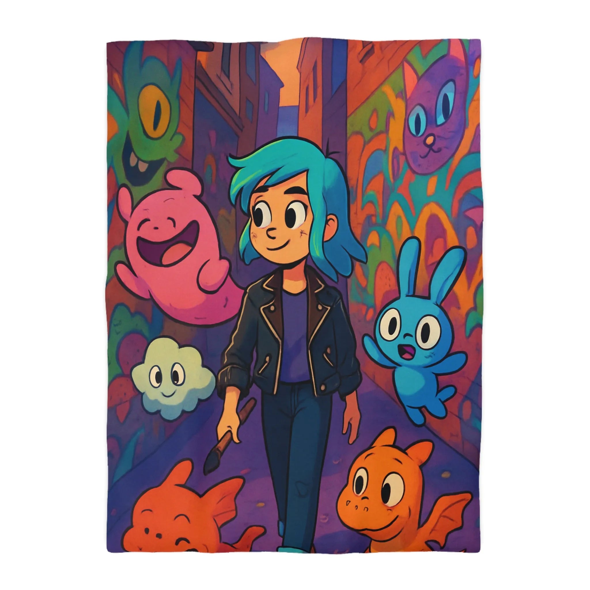 Housse de couette colorée avec personnages fantasy dans une ruelle urbaine magique