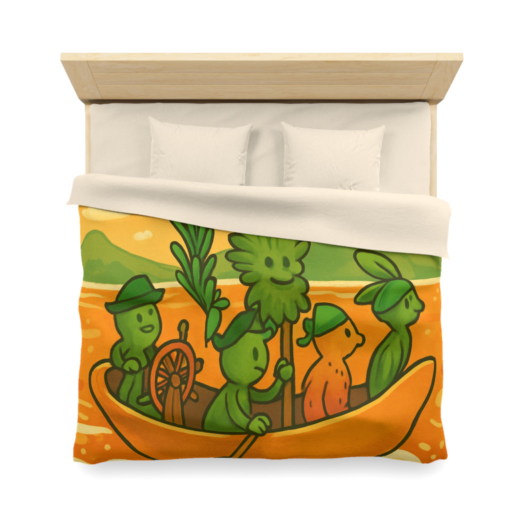 Housse de couette originale avec personnages verts naviguant sur mer orangée ludique