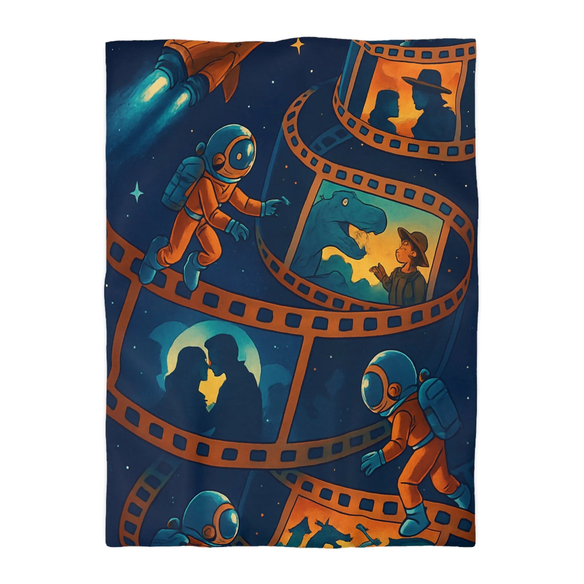 Housse de couette cosmos rêveur avec astronautes et séquences cinématographiques vintage