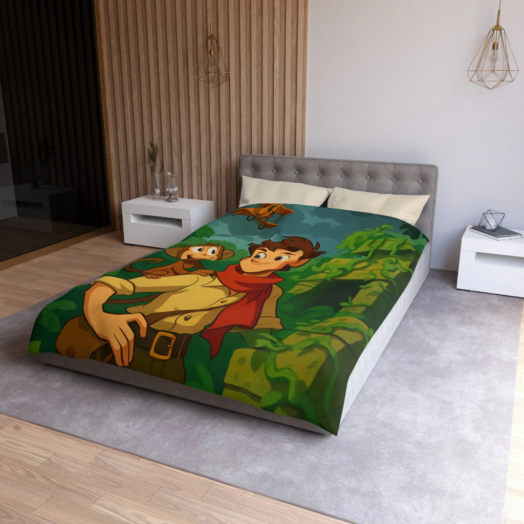 Housse de couette jungle aventure avec singe, avion biplan et ruines mystérieuses