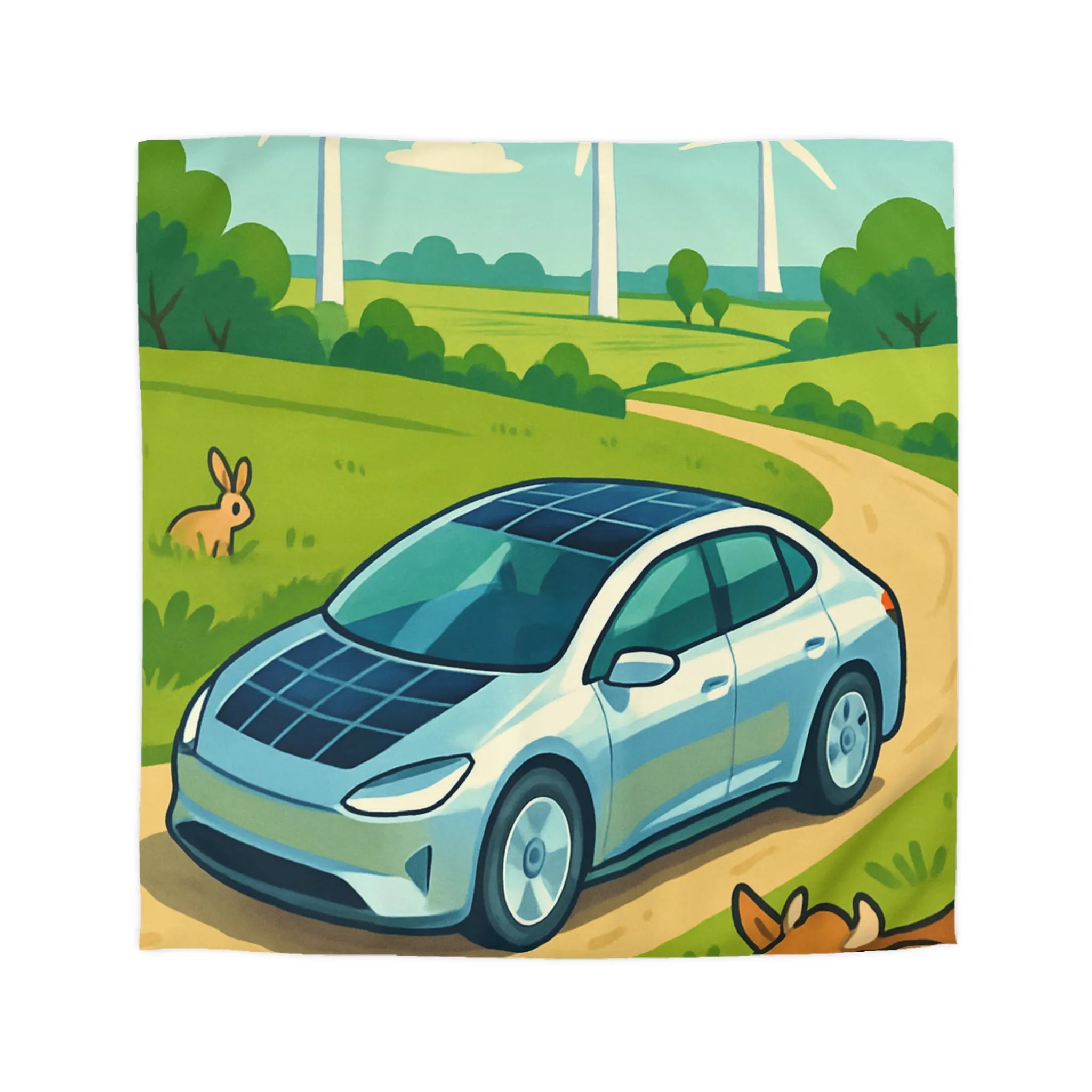 Housse de couette écologique avec voiture solaire, éoliennes et animaux dans la nature