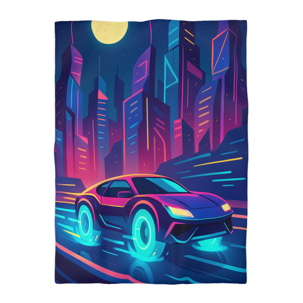 Parure de lit futuriste avec voiture néon sous lune pleine en ville vibrante