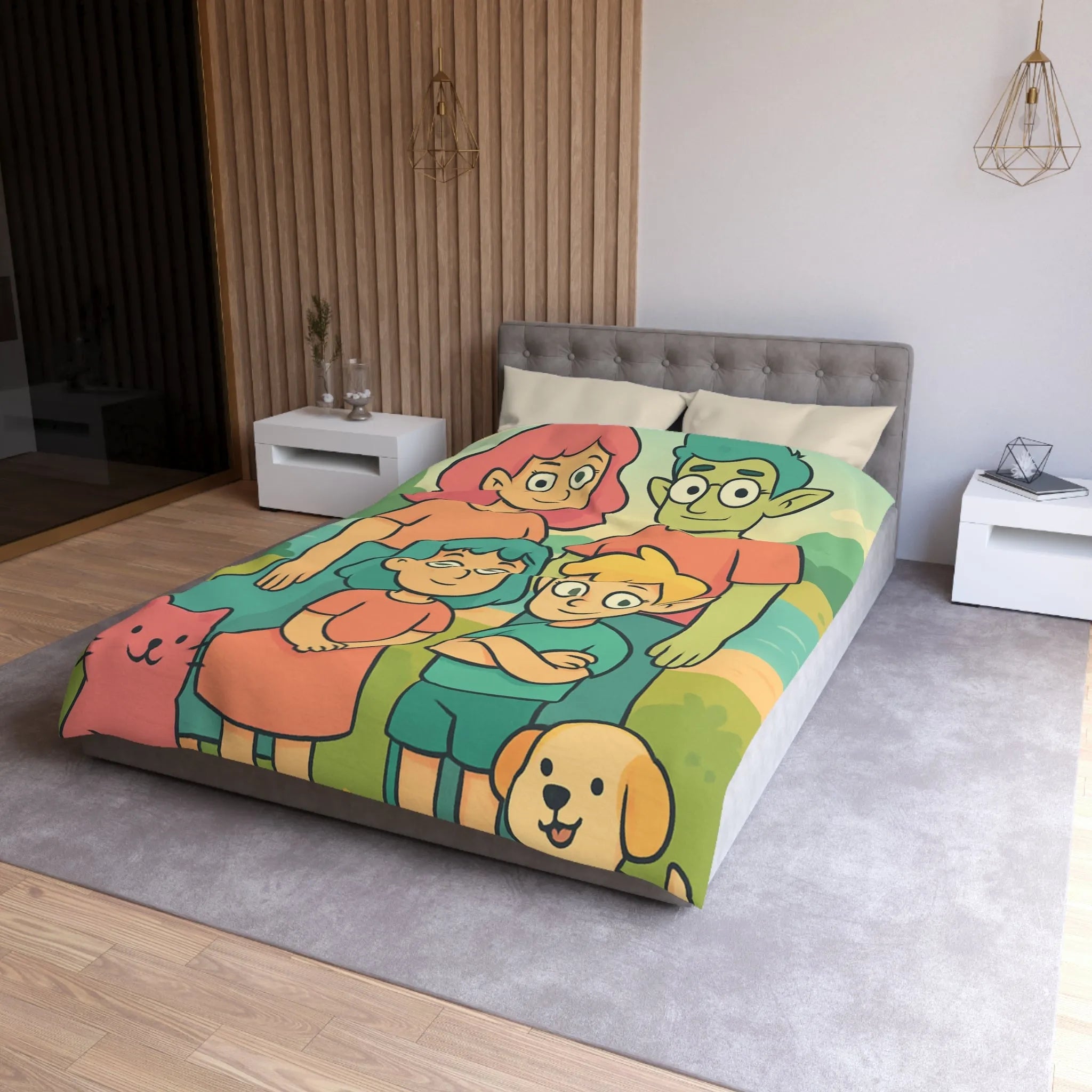 Housse de couette chaleureuse illustrant une famille enchantée et ses animaux compagnons ludiques
