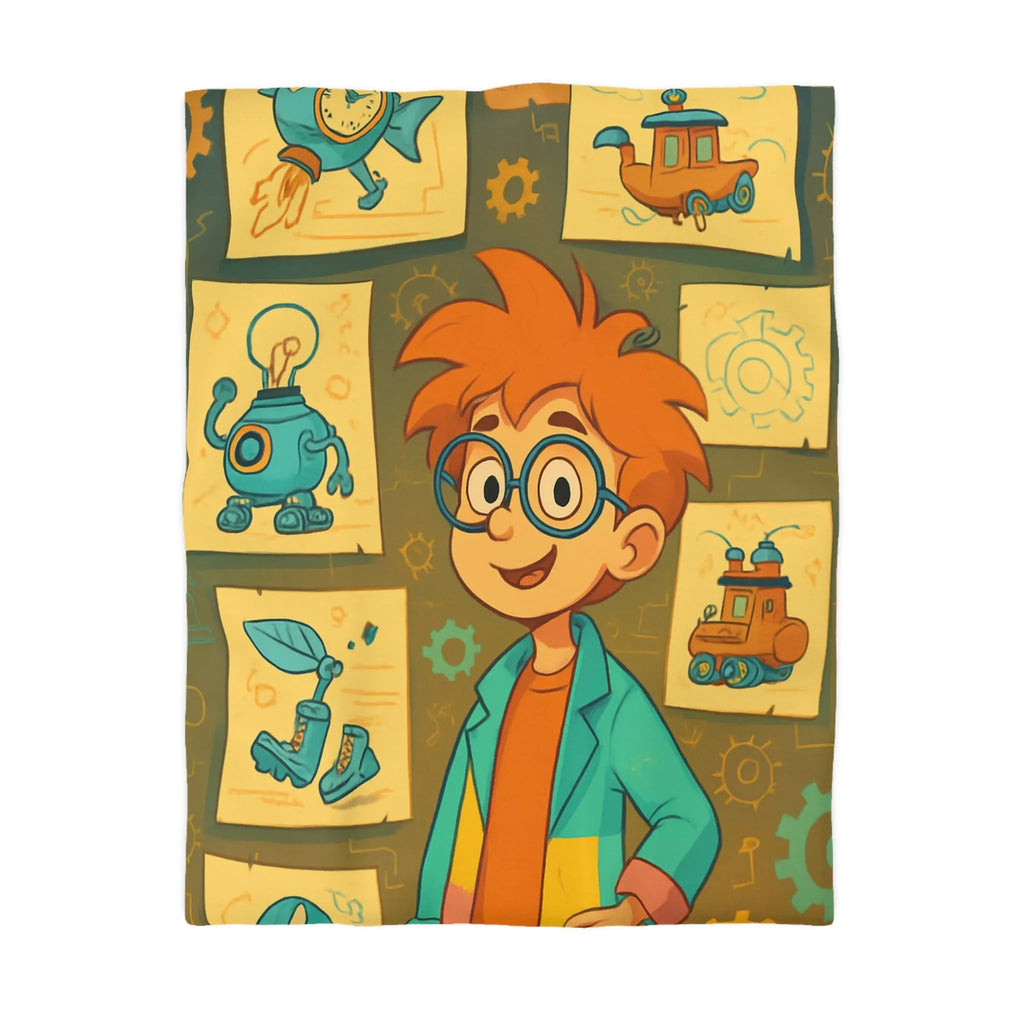 Housse de couette enfant motifs inventeur créatif pour chambre ludique et colorée