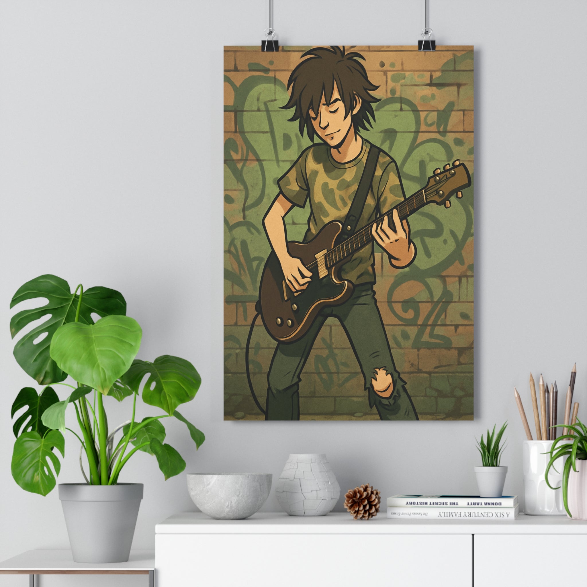 Poster décoratif grunge guitare électrique graffiti vert urbain rebelle chambre musique 30x46 mur brique