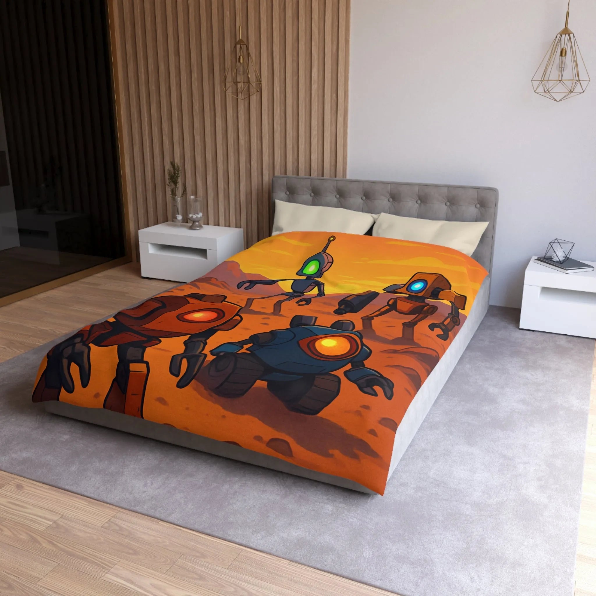 Housse de couette avec robots colorés dans un paysage désertique au coucher du soleil