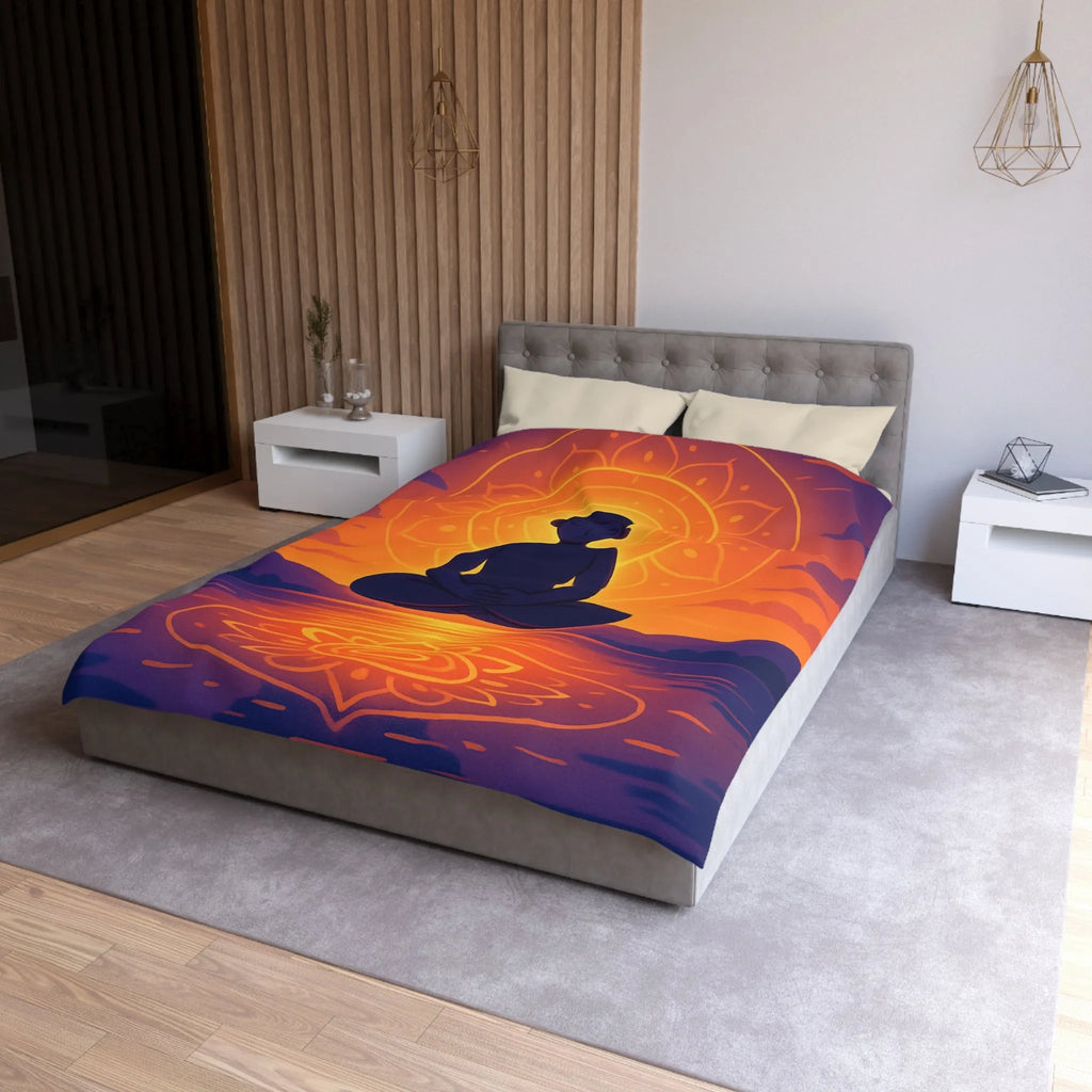 Housse de couette méditation silhouette au coucher de soleil avec reflet mandala lumineux