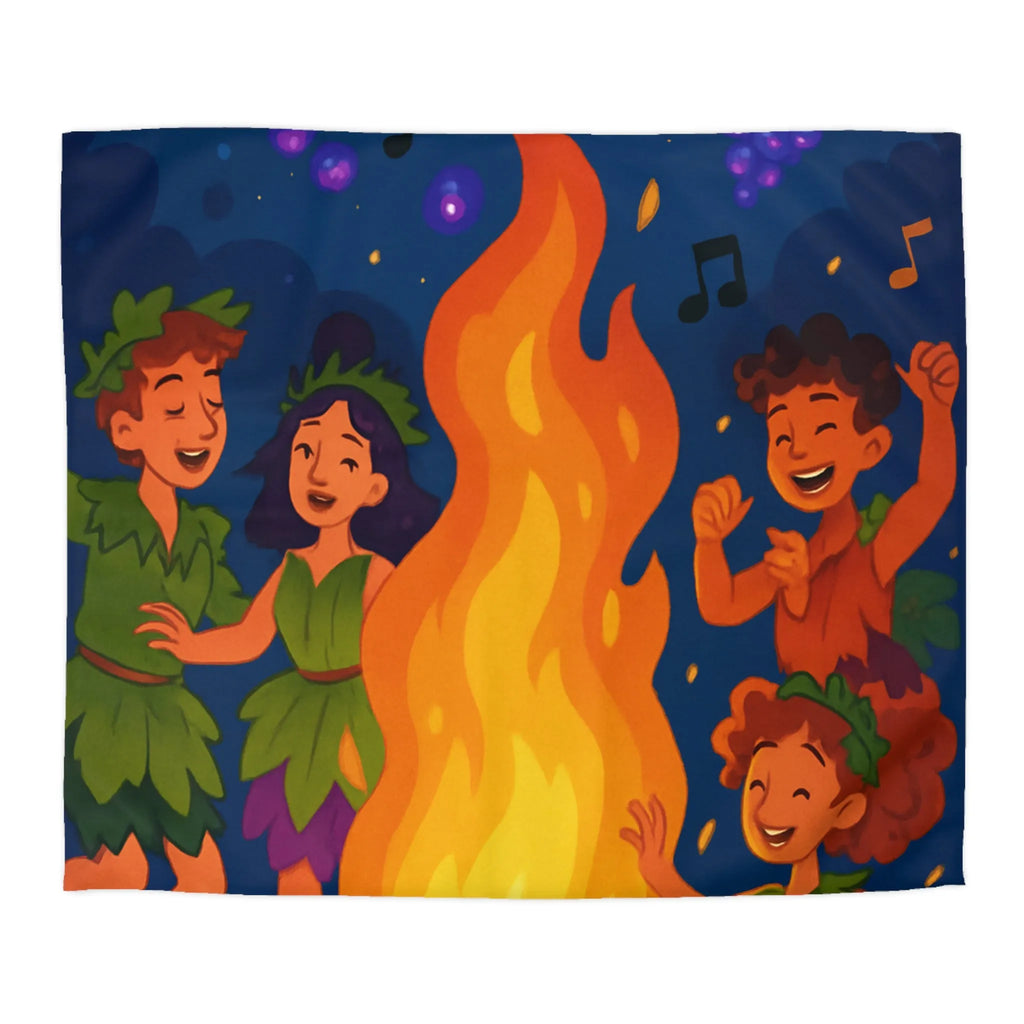 Housse de couette joyeuse autour d'un feu de camp avec enfants et raisins dansants
