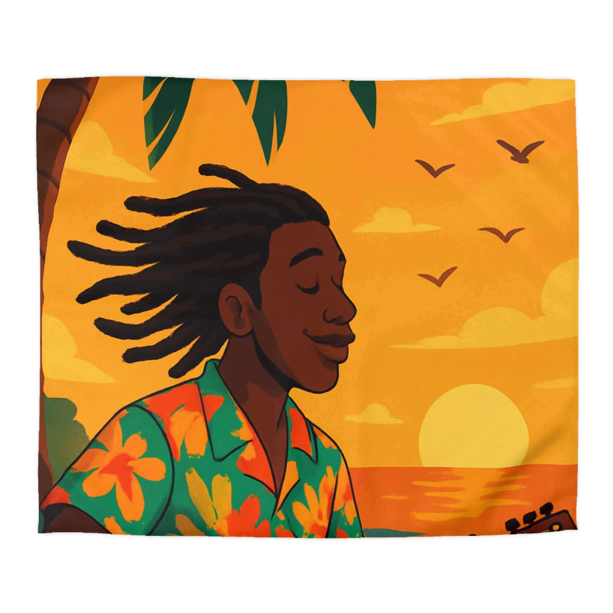 Housse de couette tropicale avec musique, coucher de soleil et palmiers exotiques pour chambre