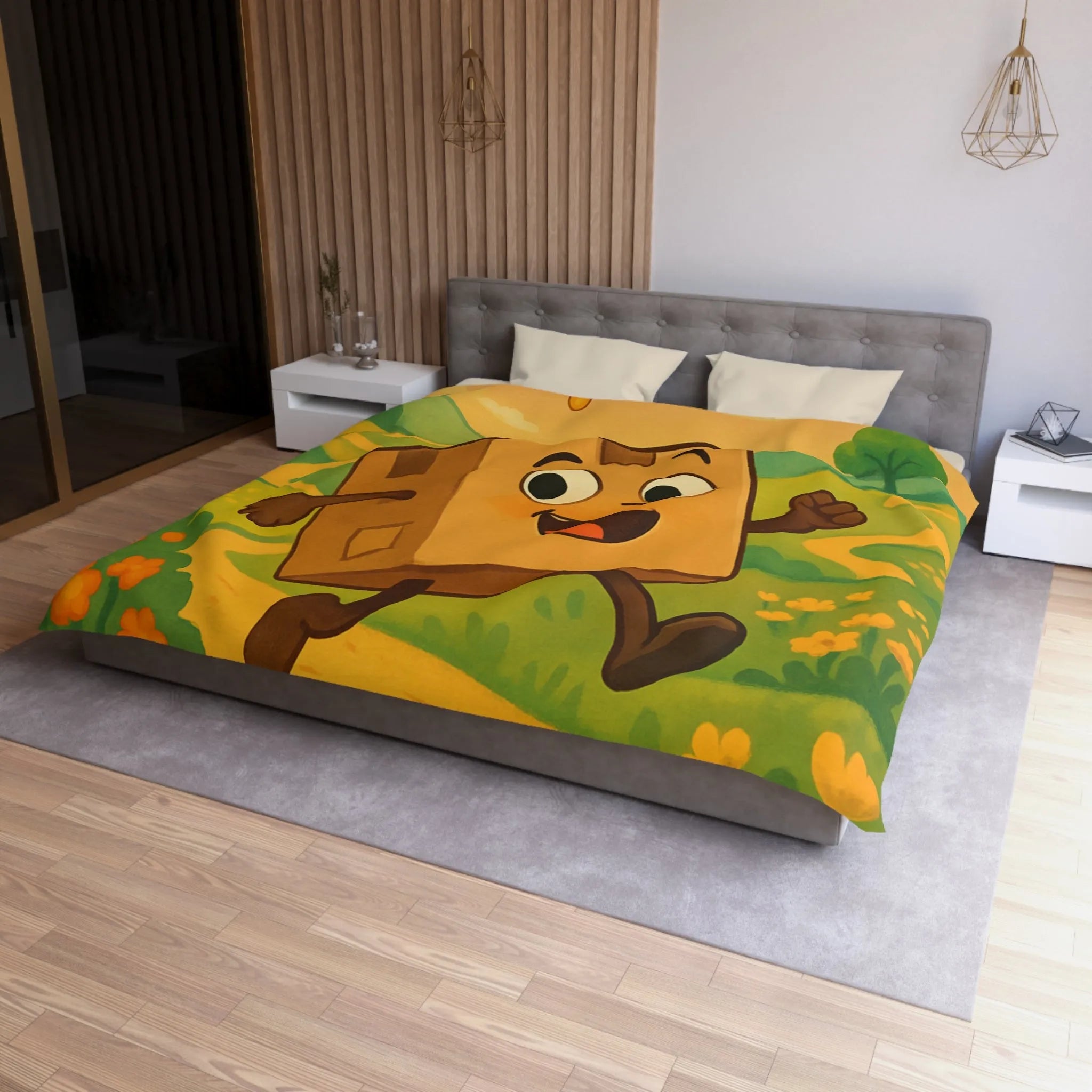 Housse de couette joyeuse avec paysage printanier et boîte sautillante amicale