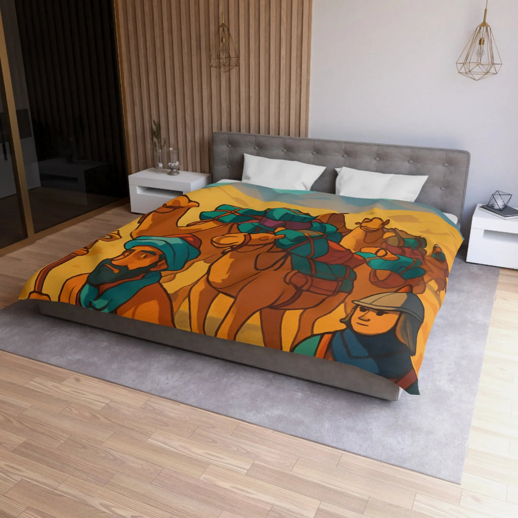 Housse de couette avec caravane de chameaux traversant un désert montagneux en arrière-plan