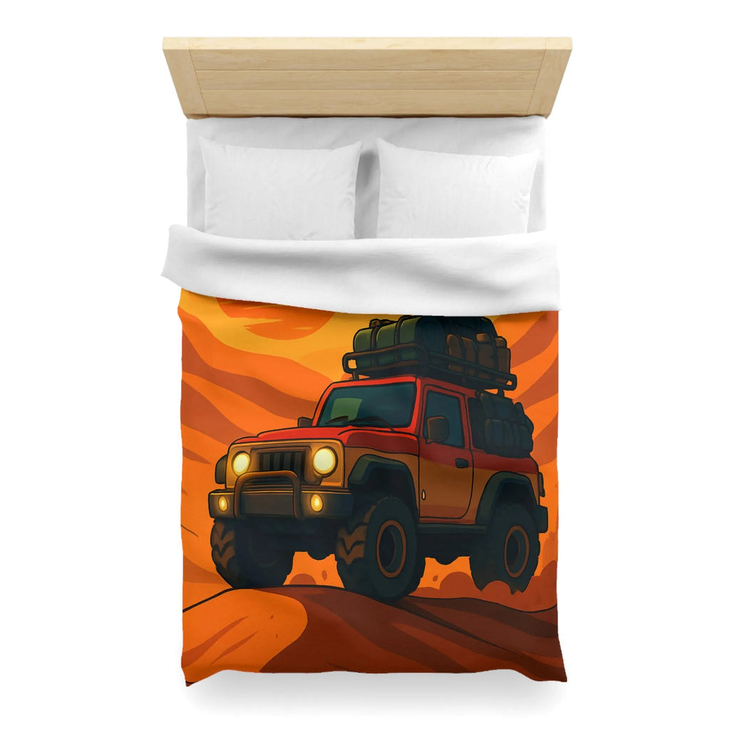 Housse de couette aventure désert rouge avec 4x4 et coucher de soleil éclatant