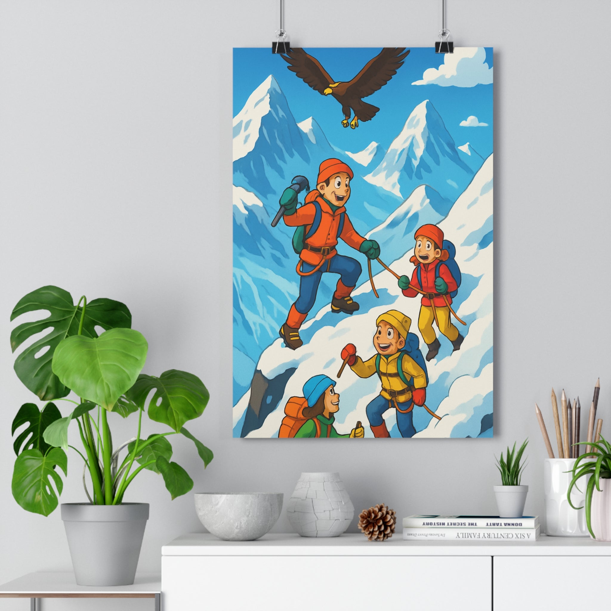 Poster décoratif aventure glaciaire montagnes Alpes vibrant couleurs vives joyeux dessin animé chambre salon