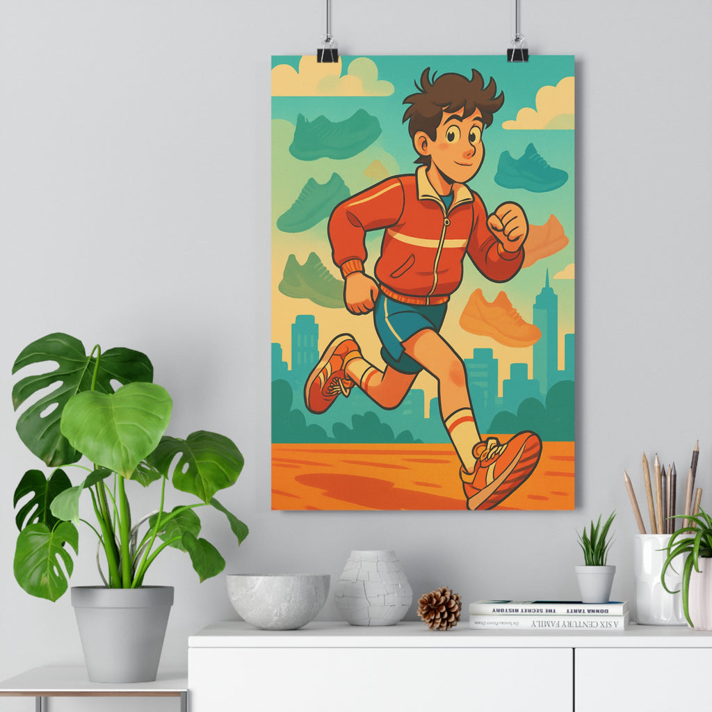 Poster décoratif jeune garçon animé orange bleu urbain dynamique inspirant chambre salon enfant décoration