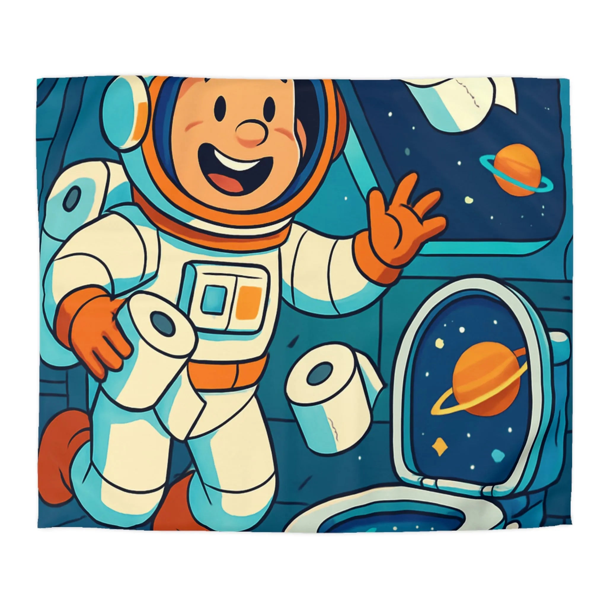 Housse de couette avec astronaute joyeux en cabine spatiale avec rouleaux flottants