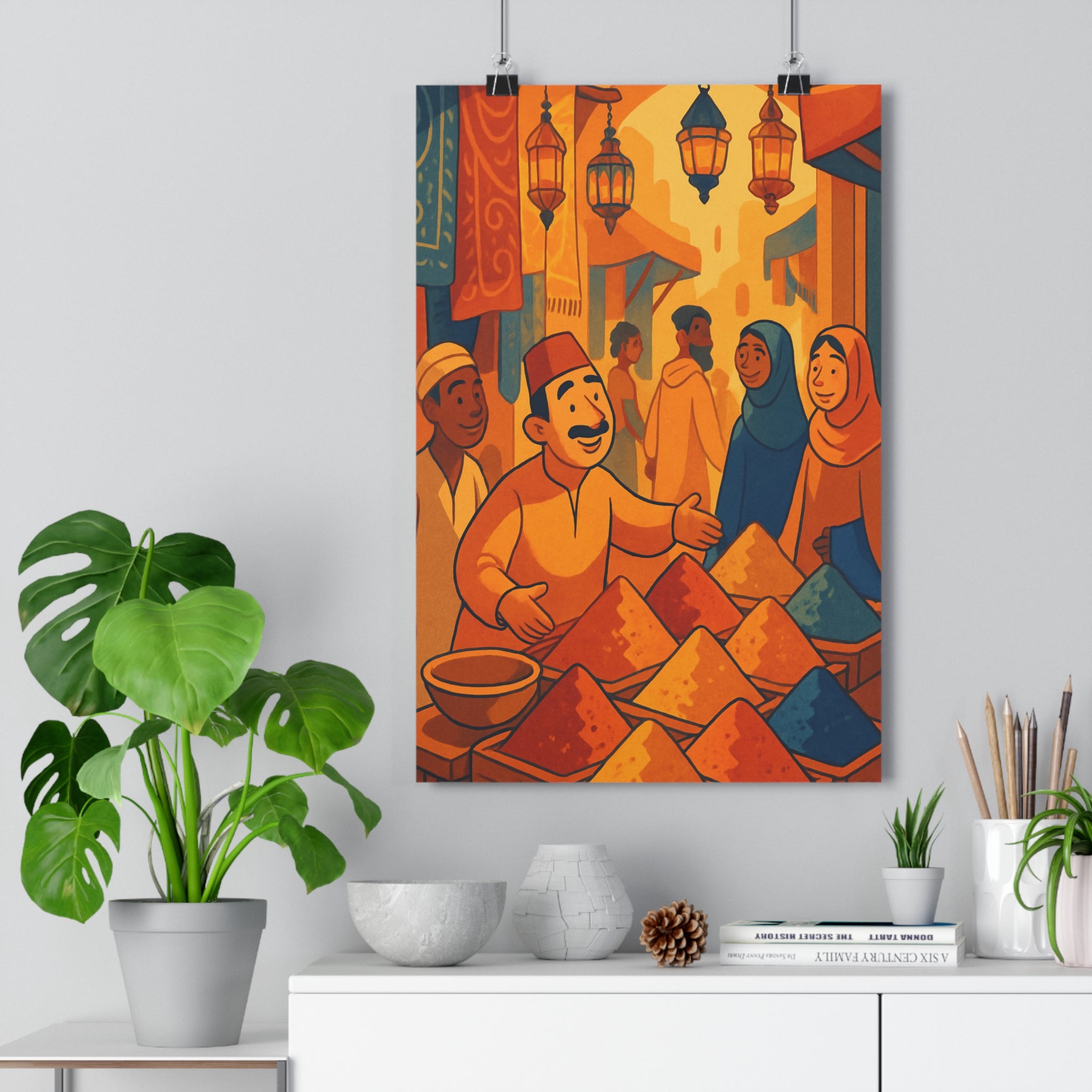 Poster décoratif cartoon jaune orange bleu exotique salon chambre 30x46 intérieur aventure couleur vibrant