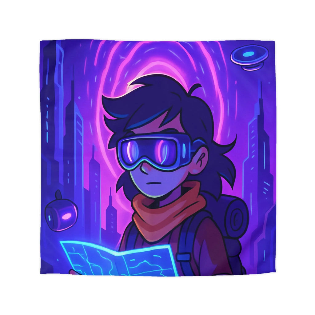 Housse de couette bleue violette style futuriste avec personnage et carte néon