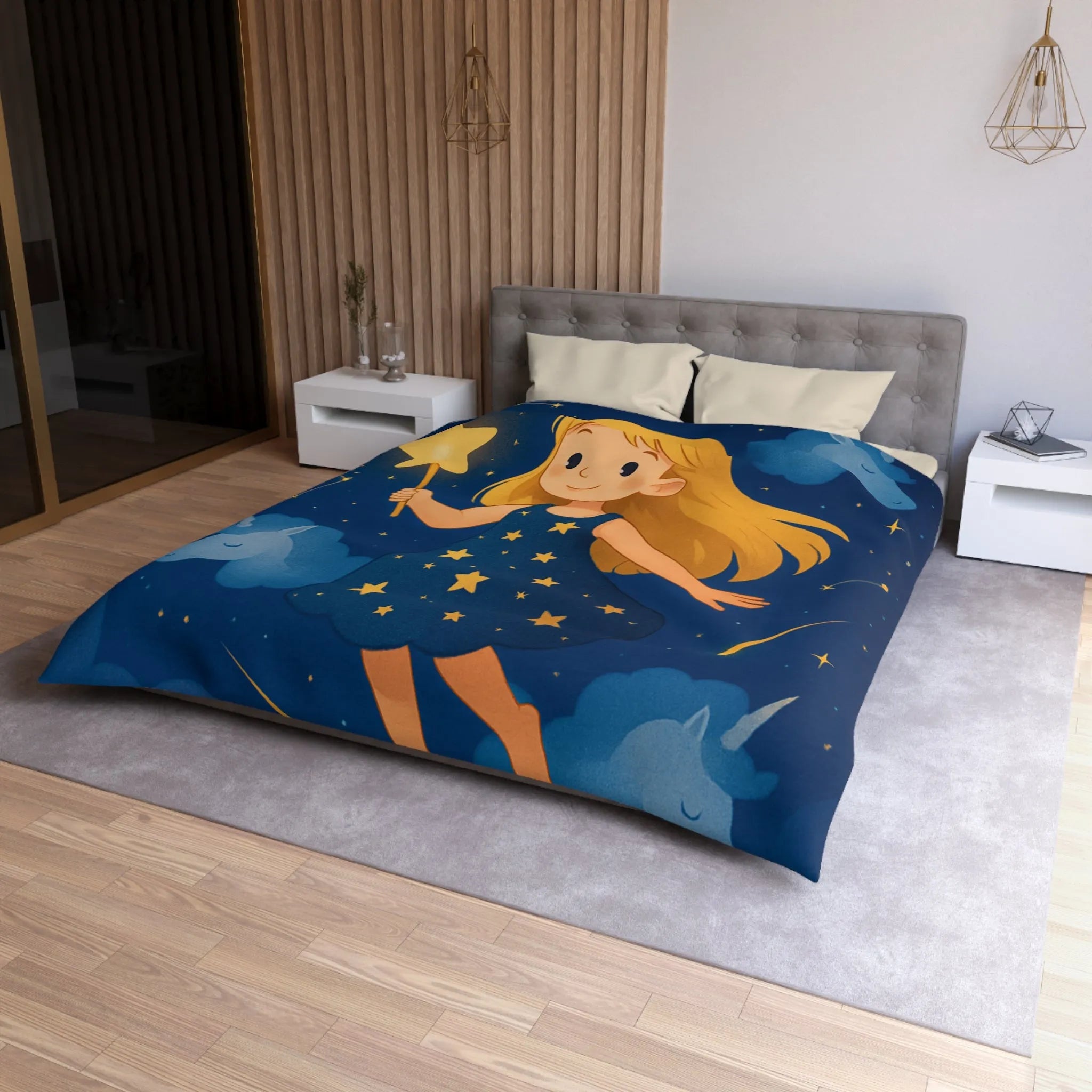 Housse de couette enfant étoiles magique avec licornes pour chambre de rêve céleste