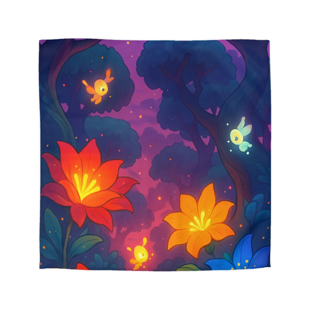 Housse de Couette avec Fleurs Lumineuses et Paysage Enchanté de Forêt Magique Nocturne