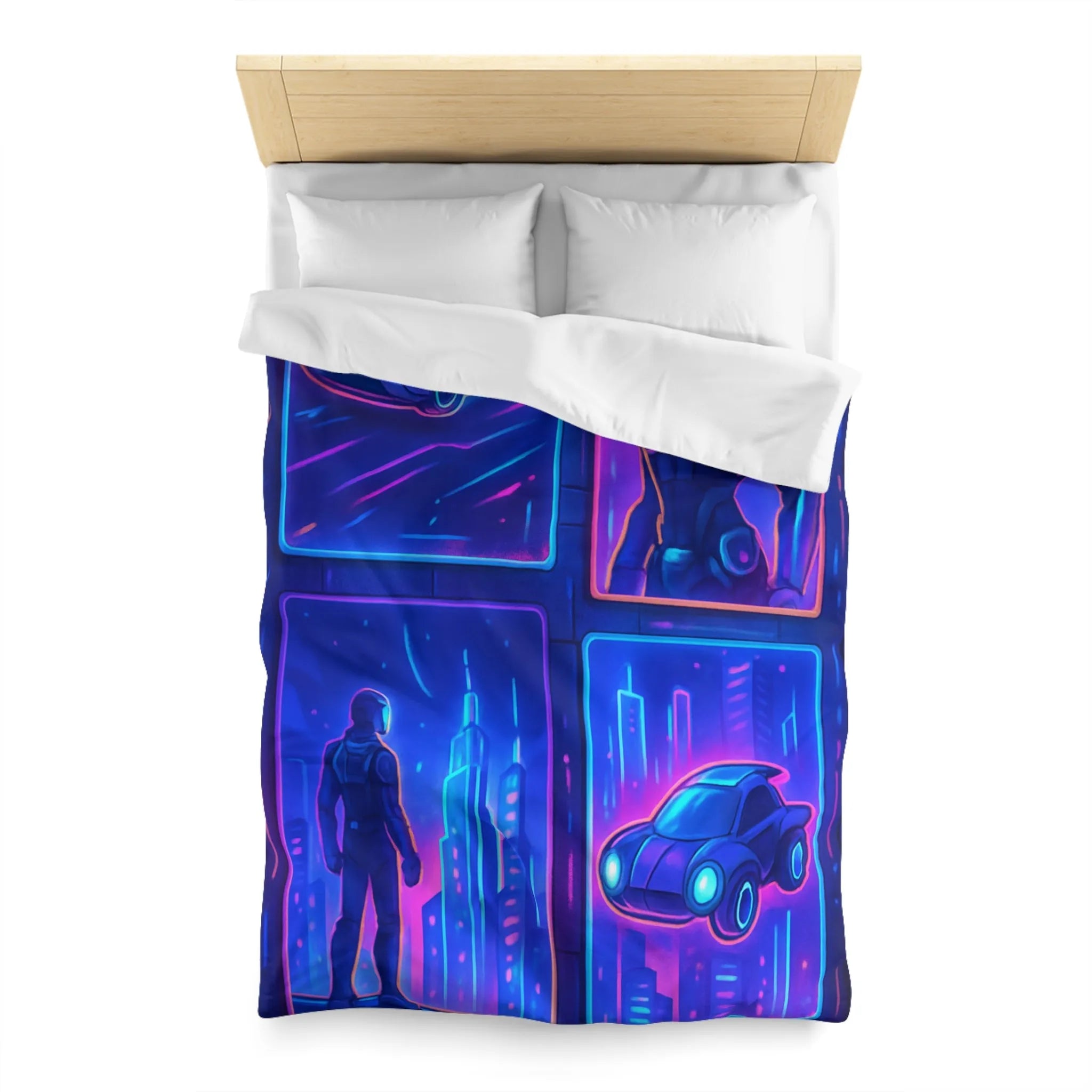 Couverture Futuriste Bleu Néon avec Silhouettes Humaines et Voitures Volantes Modernes