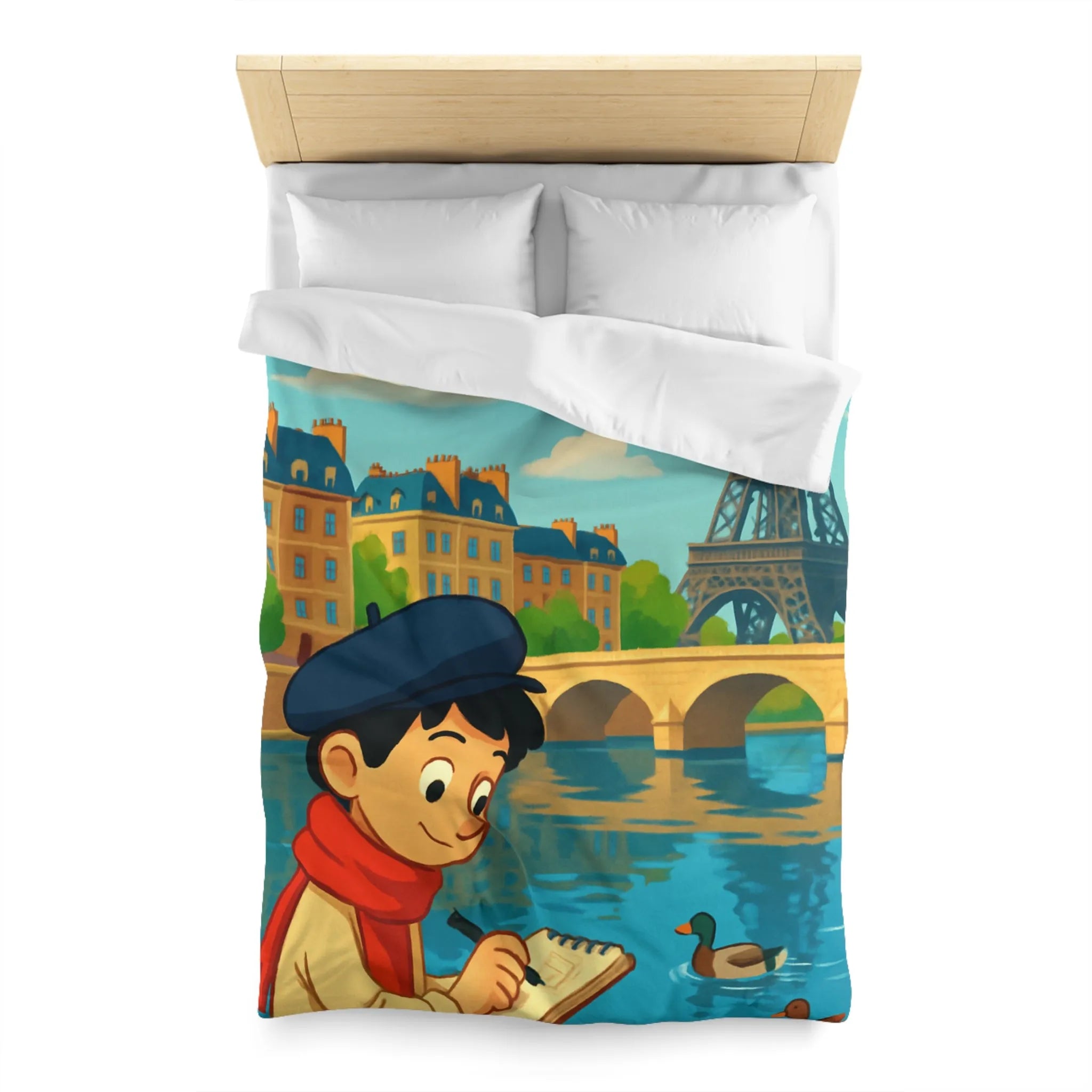 Housse de Couette Artistique Parisienne avec Enfant et Tour Eiffel au Printemps