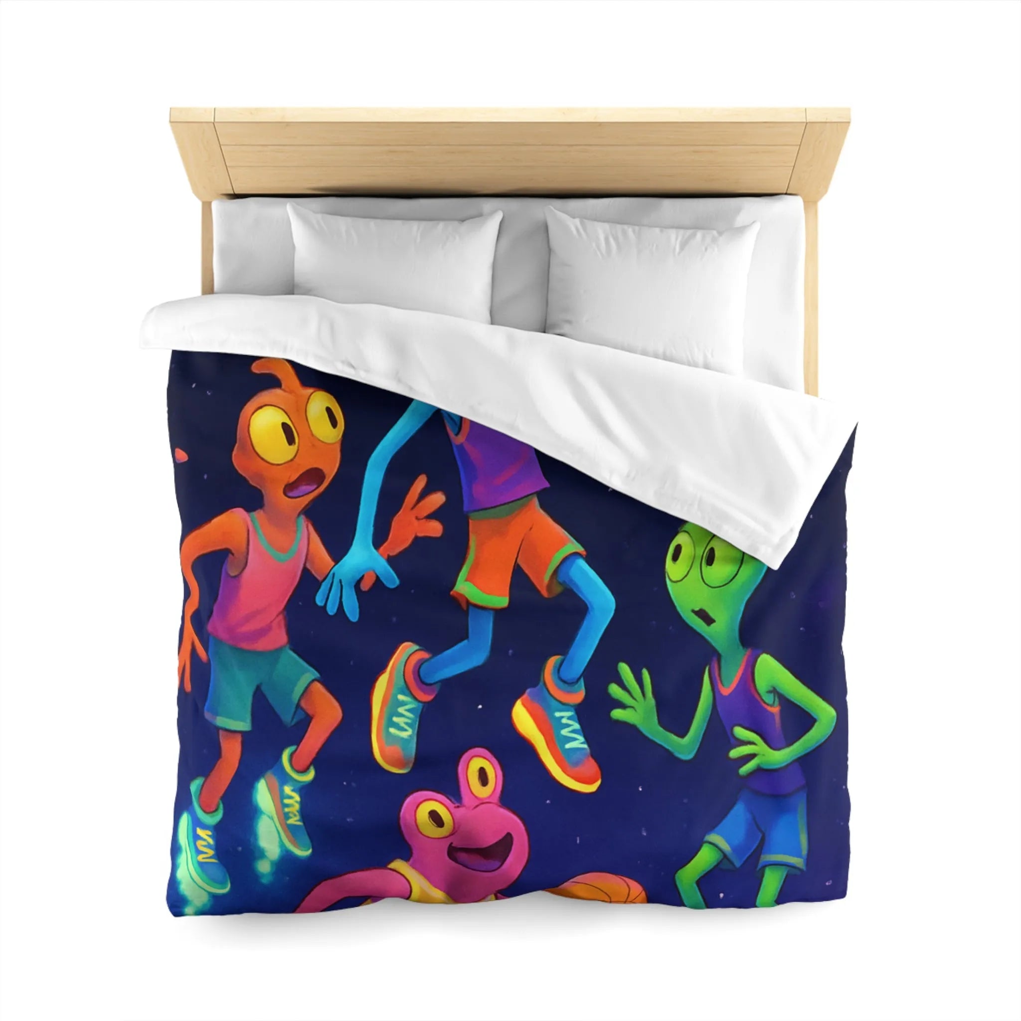 Housse de couette avec extraterrestres jouant au basket, ambiance lumineuse et amusante