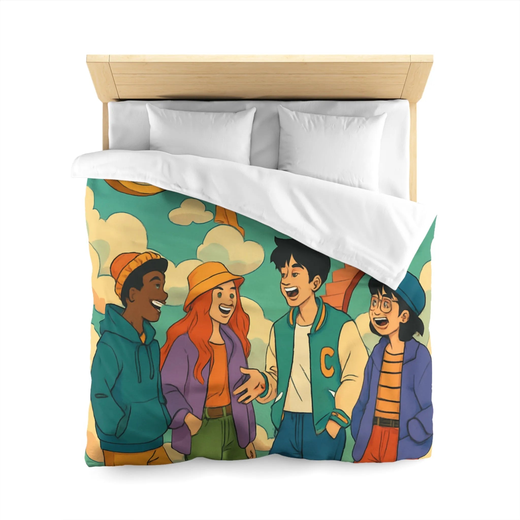 Housse de couette jeune amis rient sous escalier nuages horloge ciel bleu