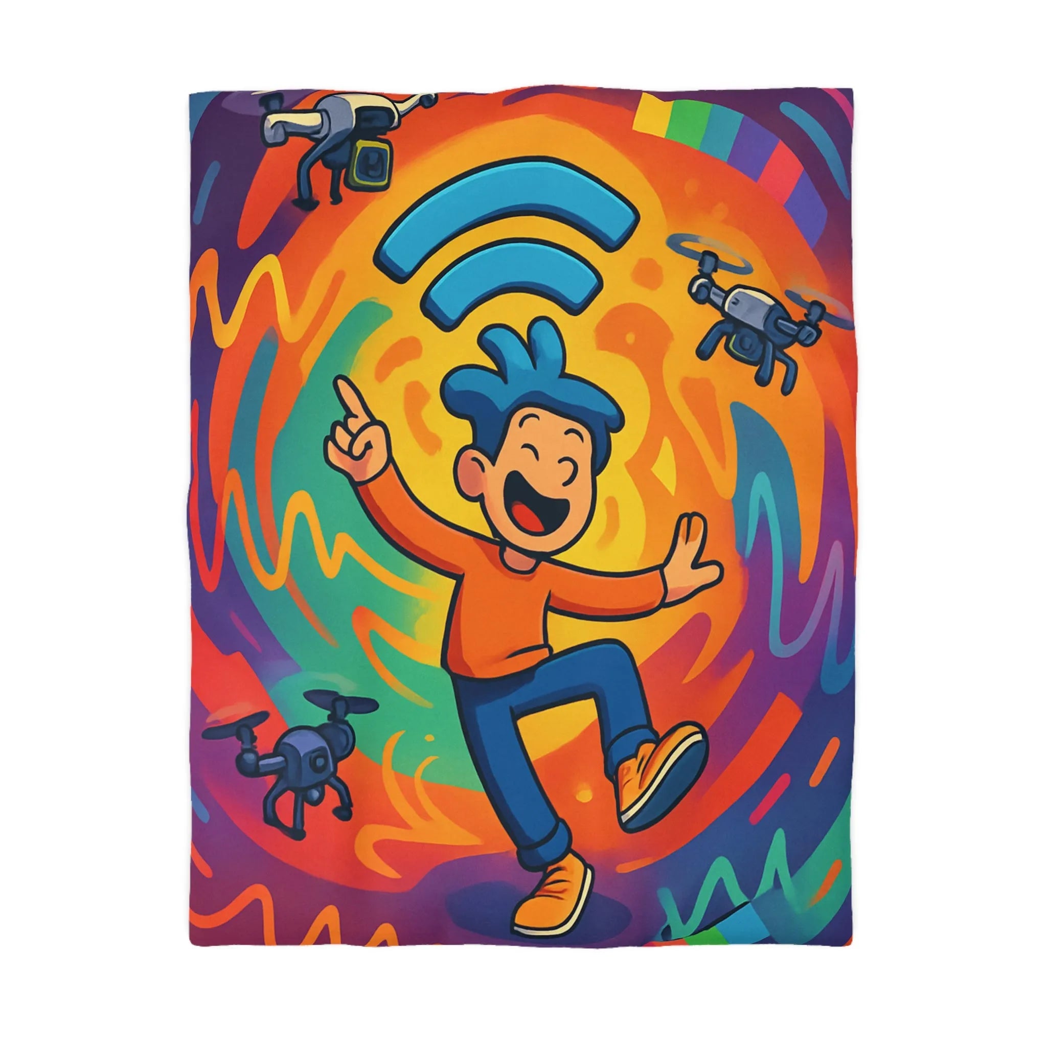 Housse de couette colorée avec personnage joyeux et drones volants autour des ondes