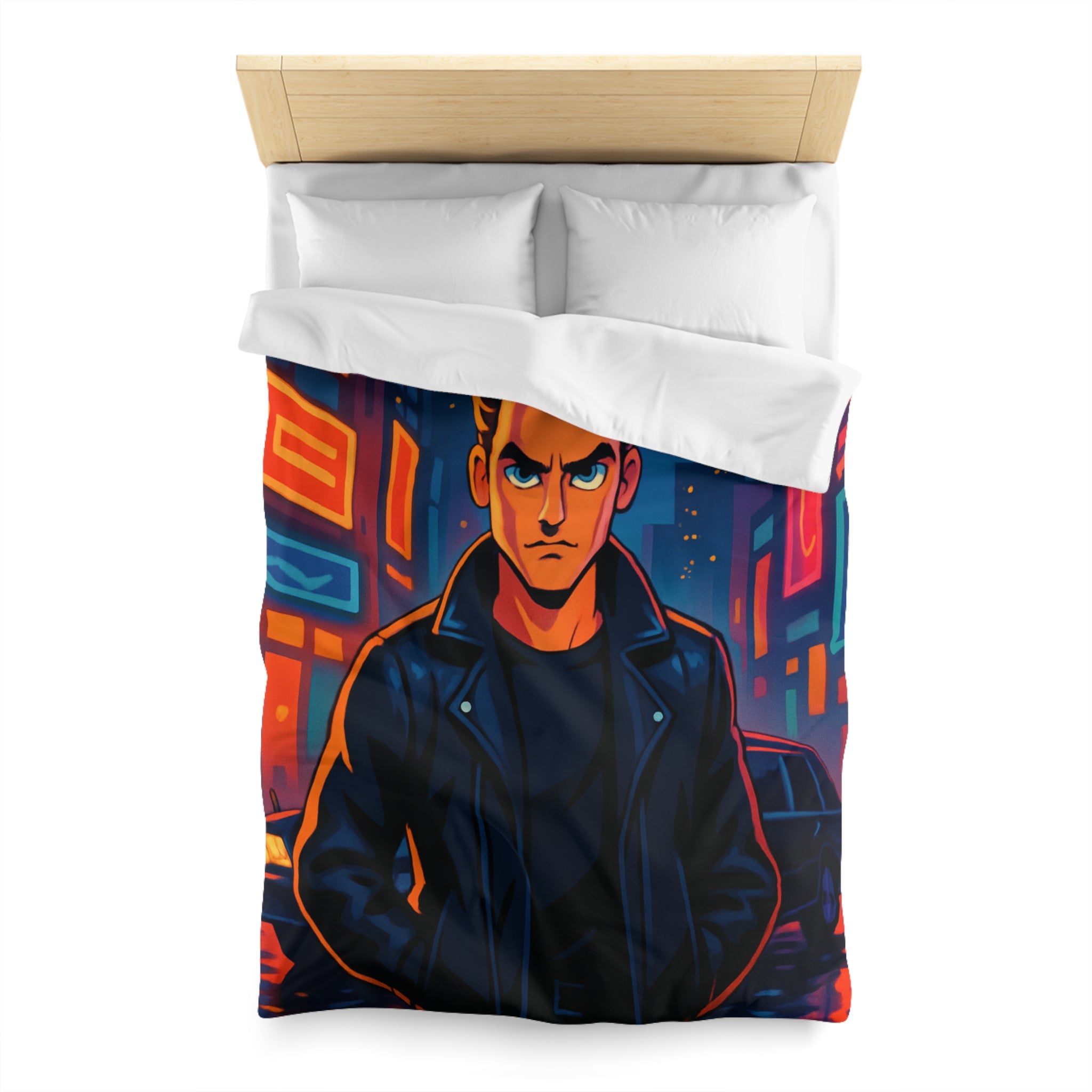 Housse de couette style rétro avec personnage en ville lumineuse sous pleine lune