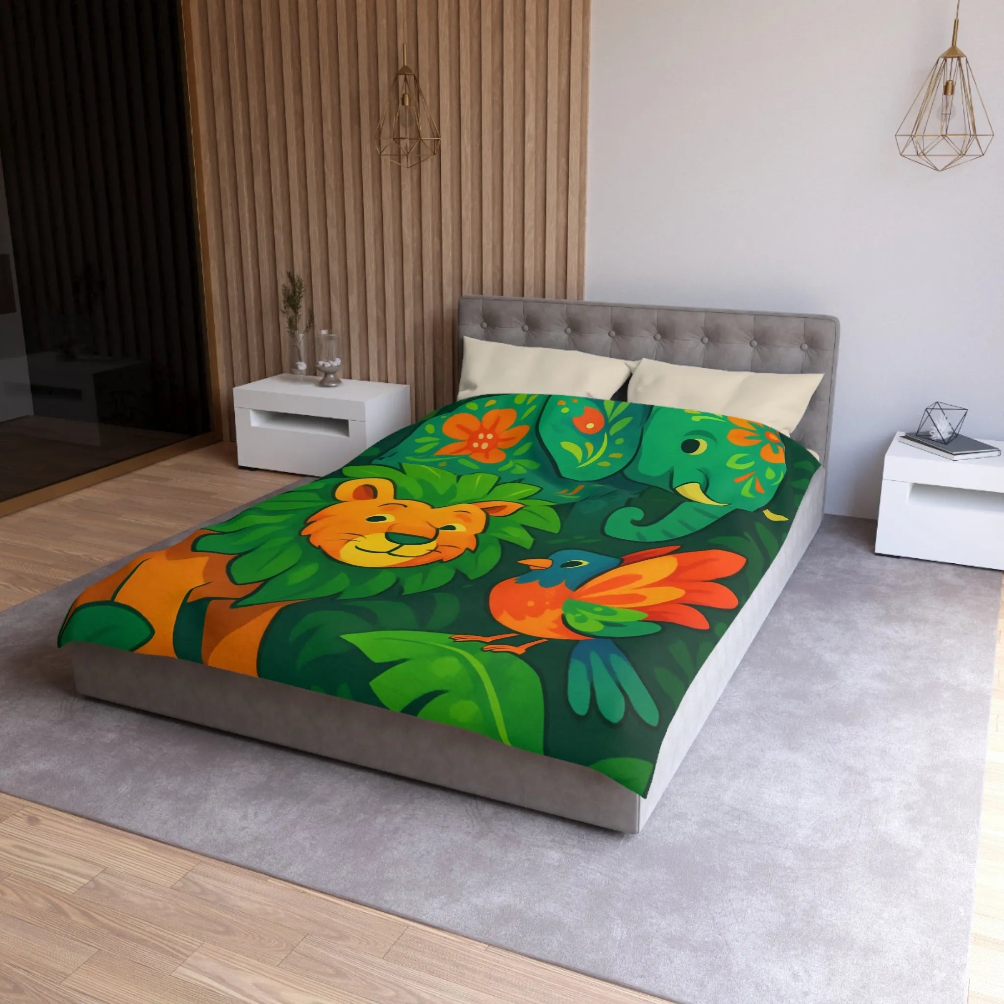 Housse de couette jungle colorée avec éléphant lion et oiseau tropical pour enfants
