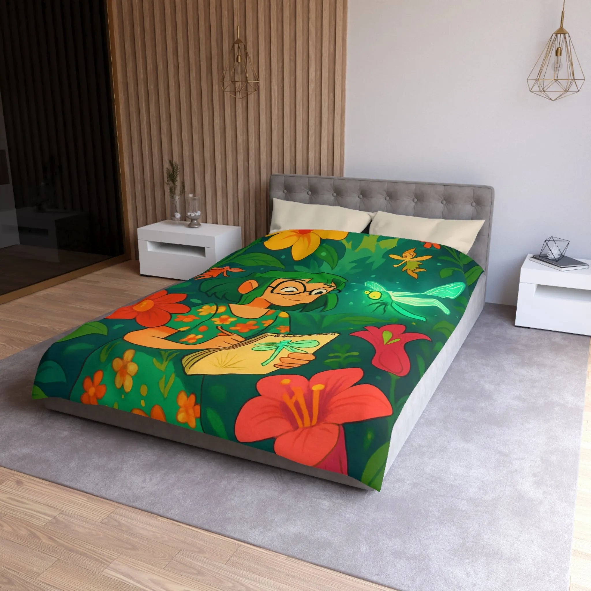 Housse de couette colorée avec fées et libellule dans un jardin enchanteur