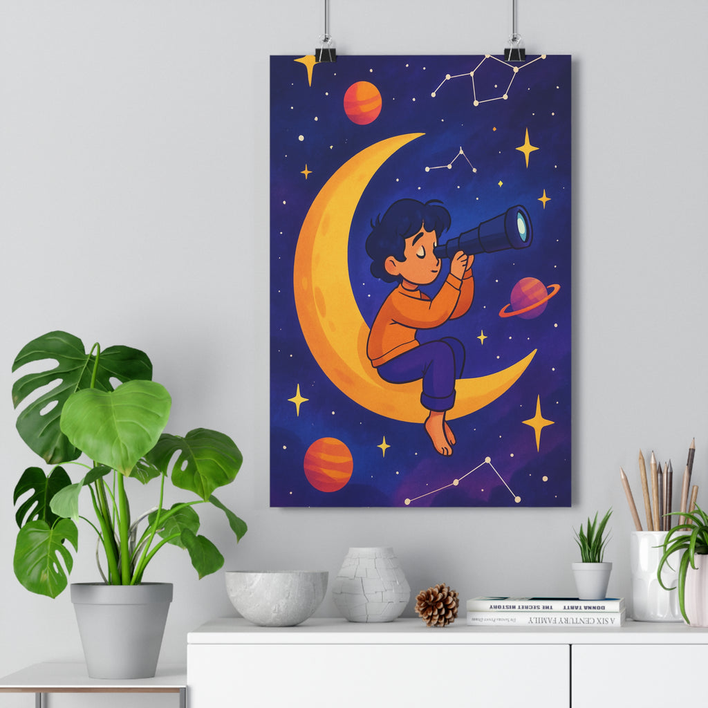 Poster décoratif enfant féérique dessin animé bleu orange violet magique chambre rêveur étoilé planète