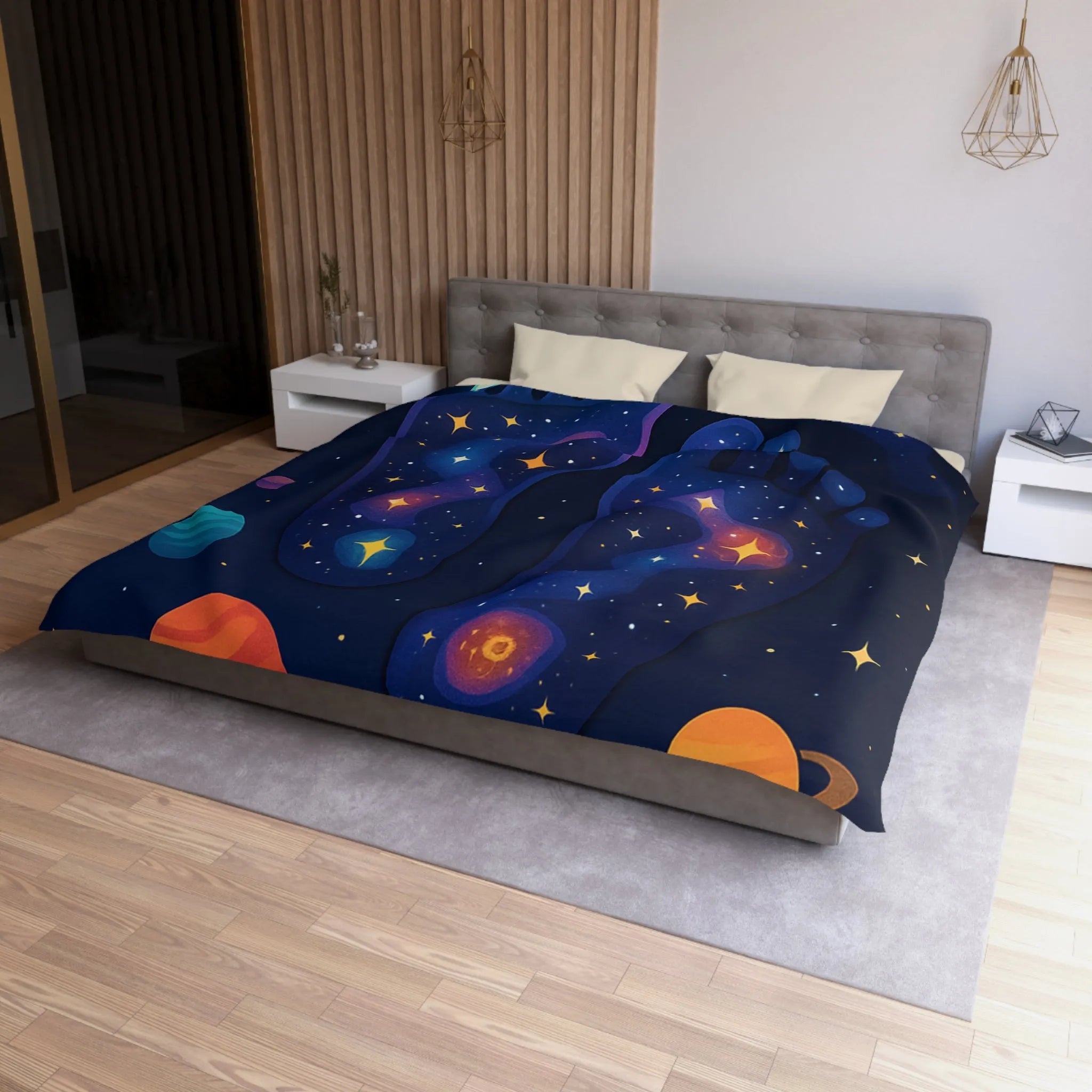 Housse de Couette Cosmos Enchanté avec Motifs de Pieds Galactiques Étincelants et Planètes