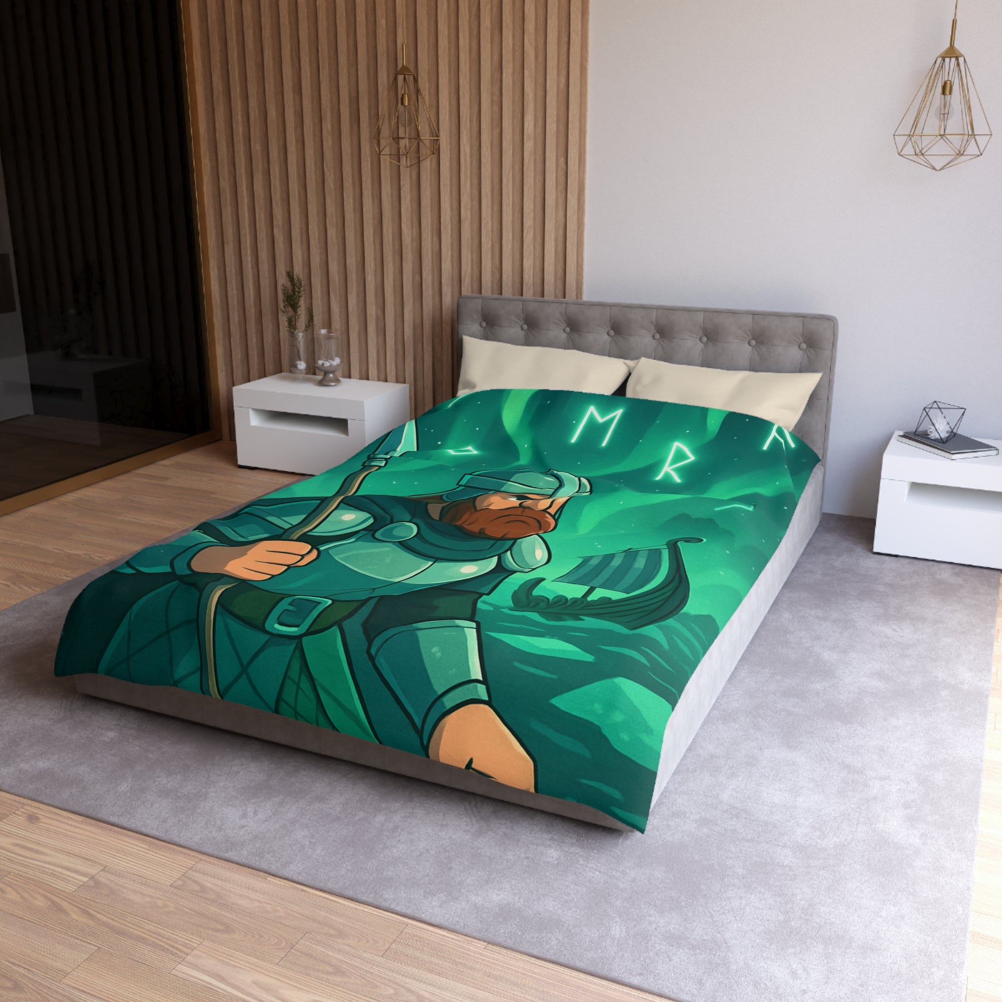 Housse de Couette Viking Vert Émeraude avec Guerrier et Aurores Boréales pour Chambre