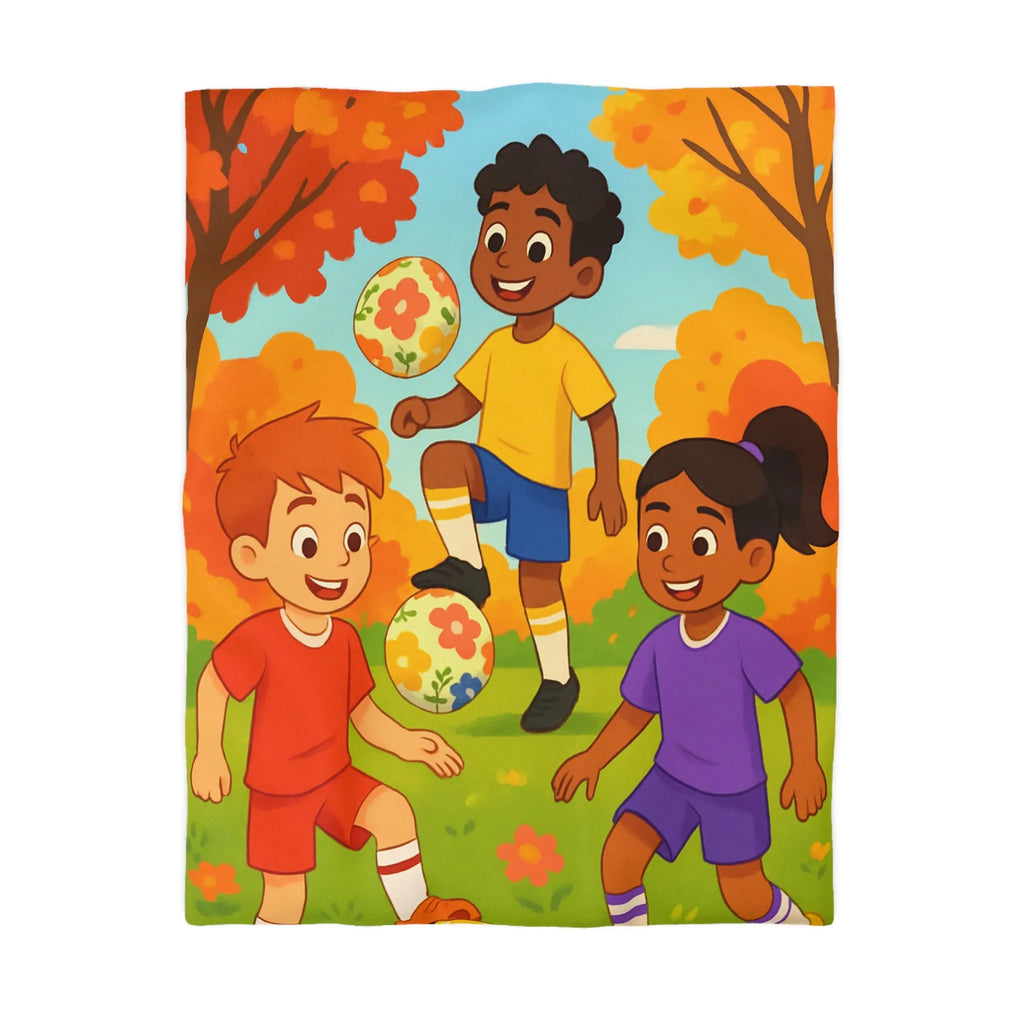 Housse de Couette Enfant Animée, Jeu de Ballon en Automne aux Couleurs Vives