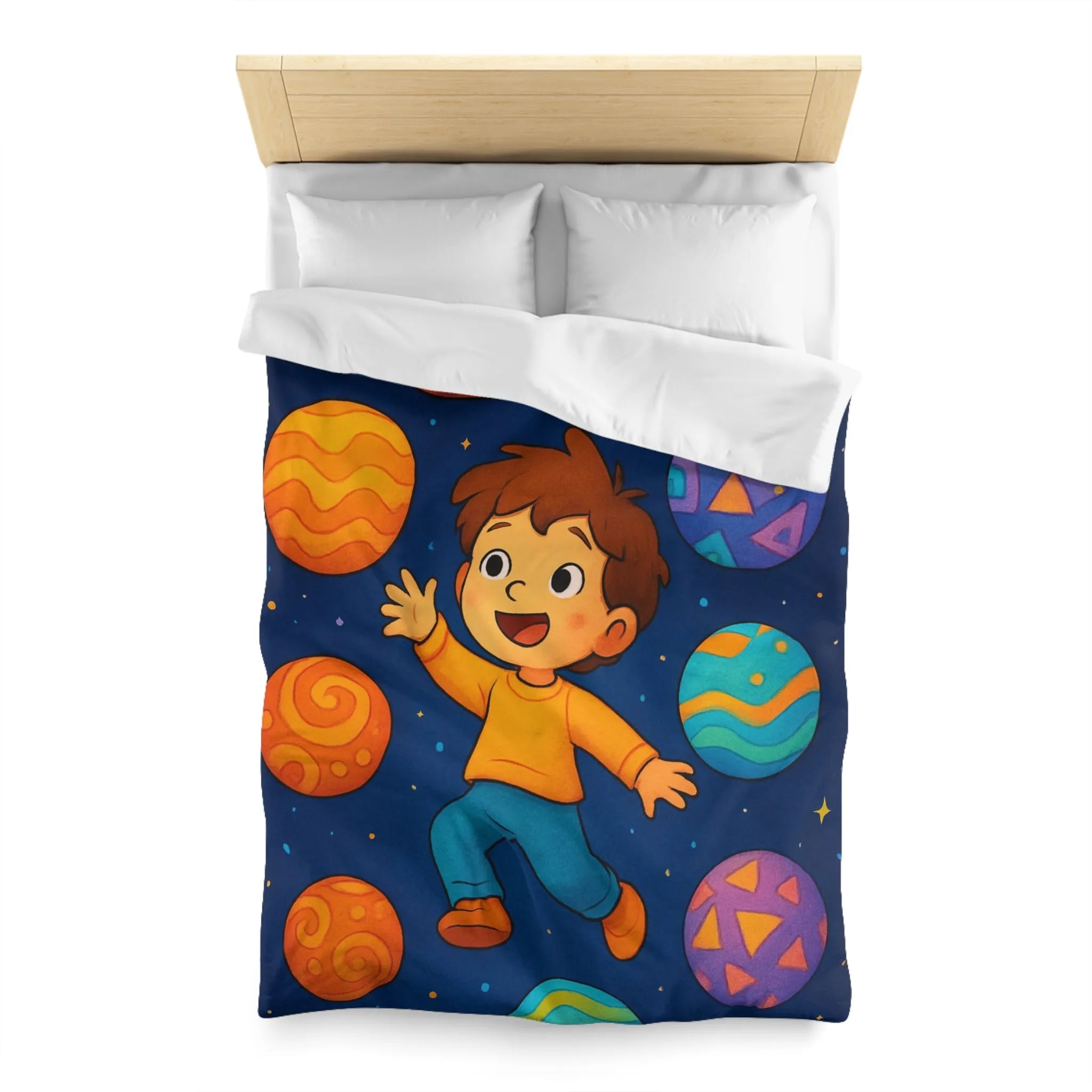 Housse de couette enfant planète colorée avec garçon dans l'espace étoilé vibrant