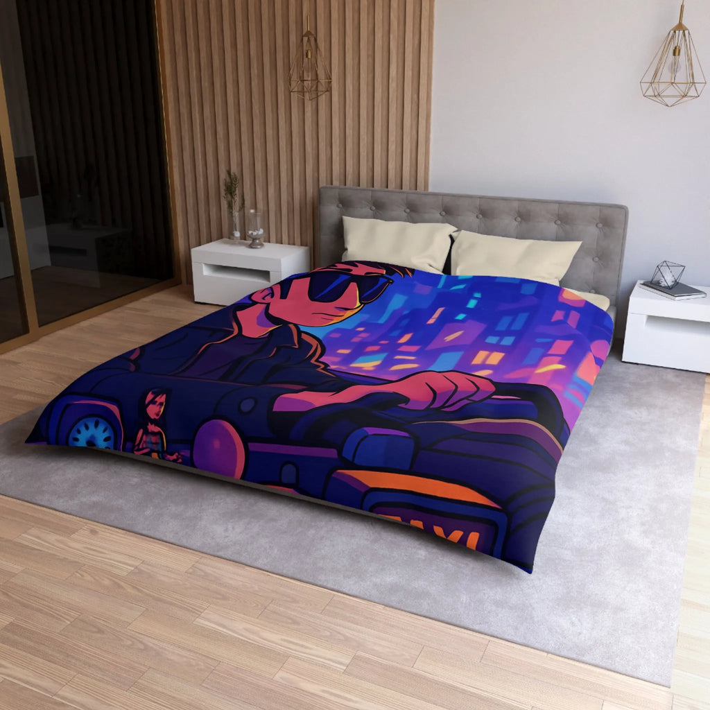 Housse de couette avec illustration rétro taxi urbain style néon pour chambre moderne