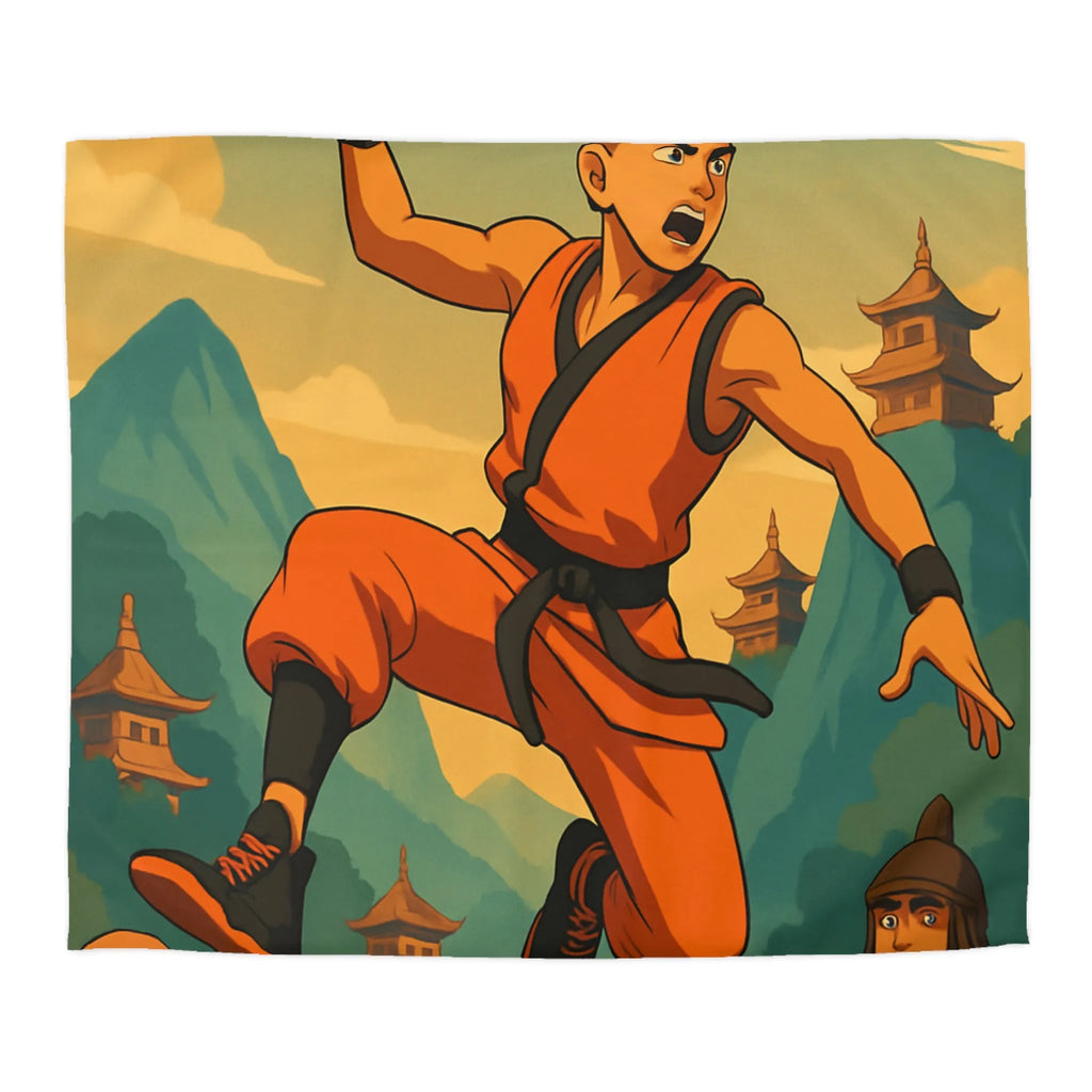 Housse de Couette Art Martial Moine avec Ballon de Basket en Feu Paysage Montagneux