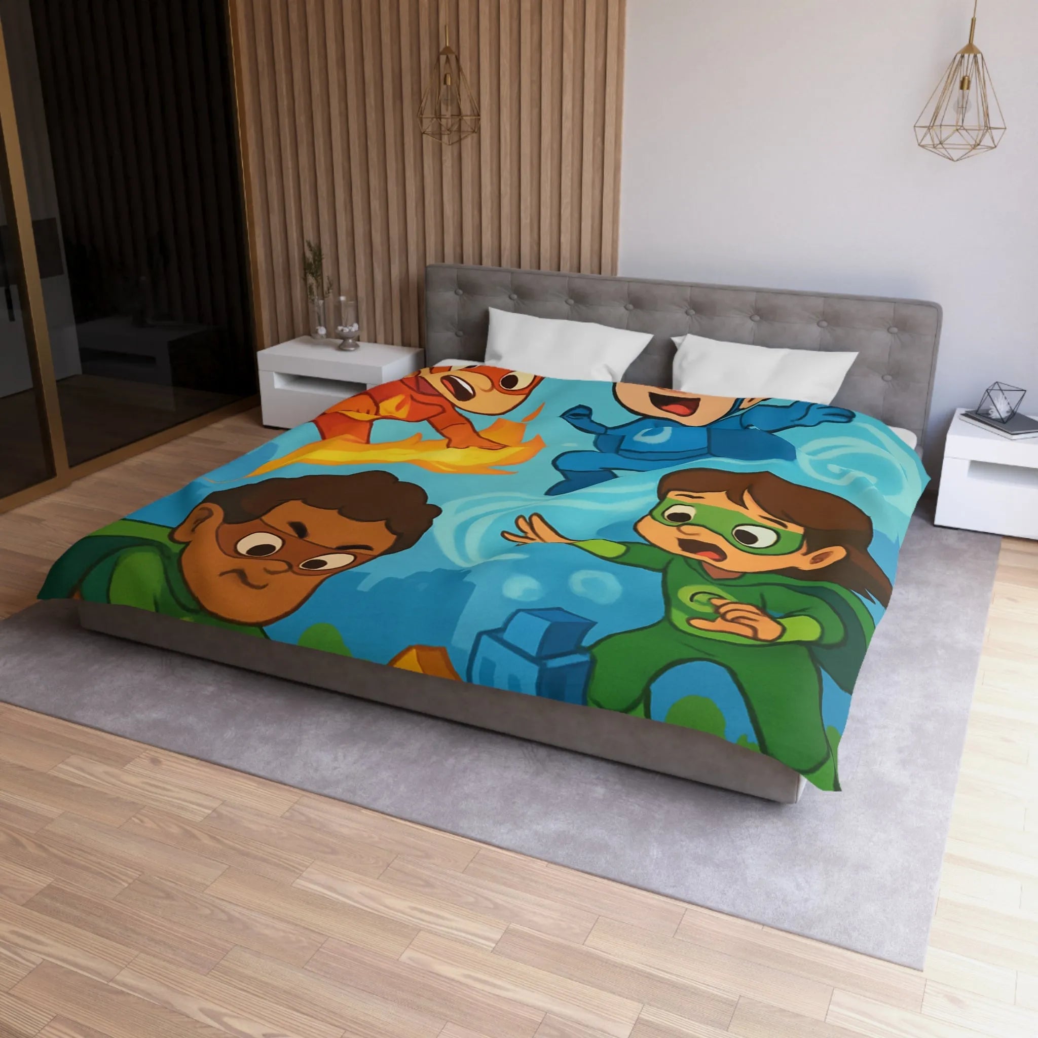 Housse de couette enfant avec super-héros colorés en action dans une ville imaginaire