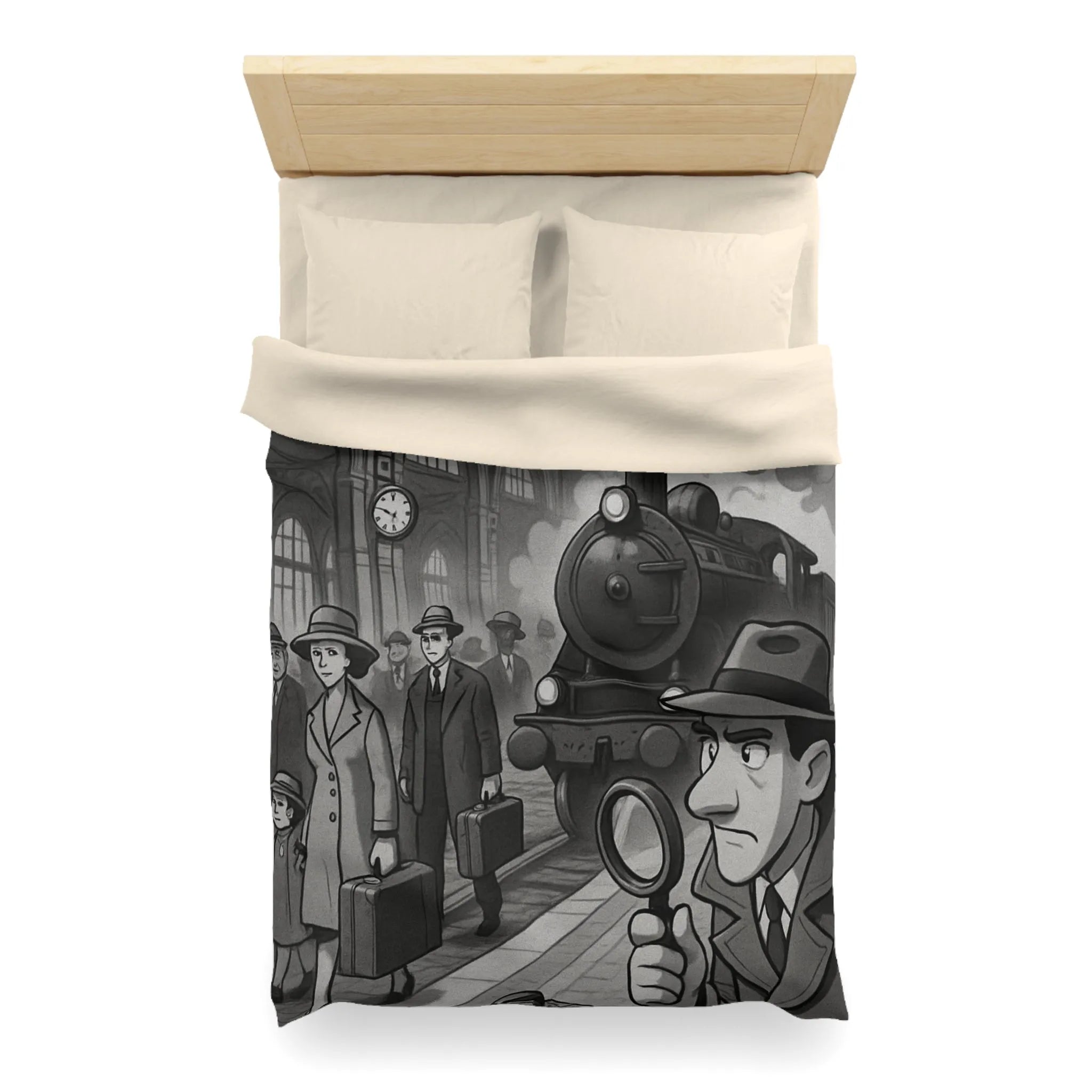 Élégante housse de couette rétro avec train à vapeur et ambiance mystérieuse noir et blanc