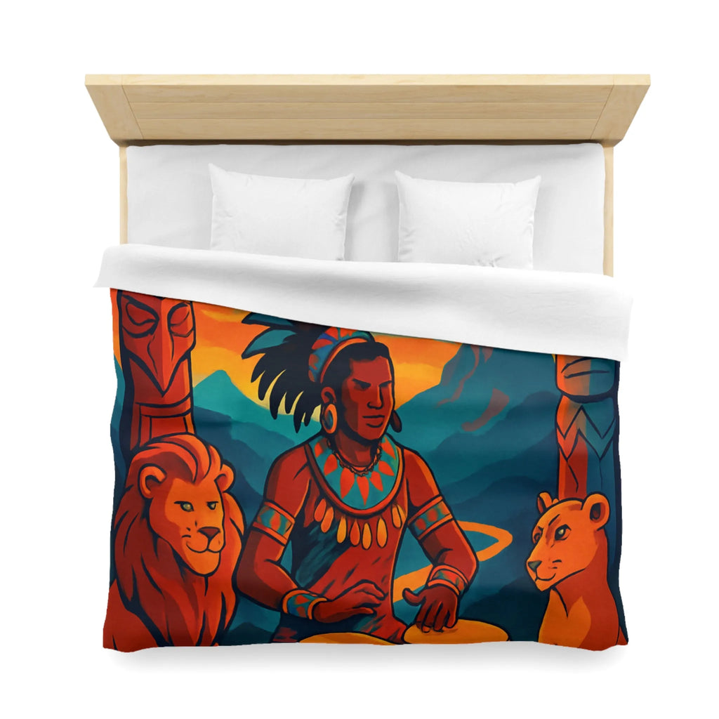 Housse de couette exotique avec musicien, tambours et totems en ambiance chaleureuse