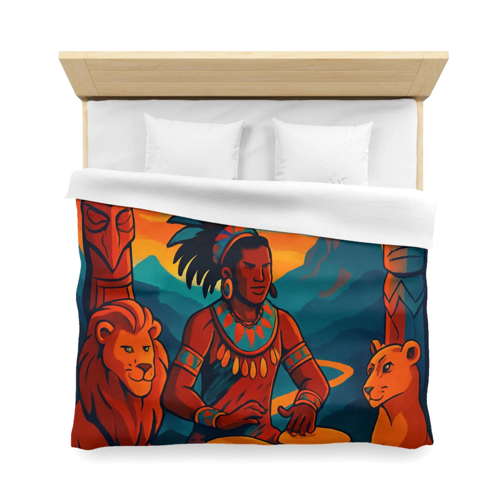 Housse de couette exotique avec musicien, tambours et totems en ambiance chaleureuse