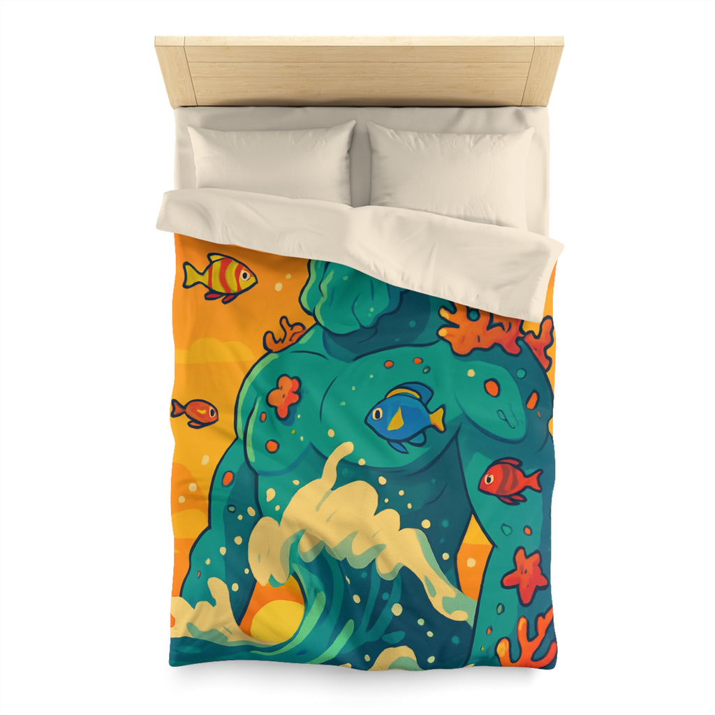 Housse de Couette Océanique avec Illustration Vibrante de Neptune et Poissons Multicolores