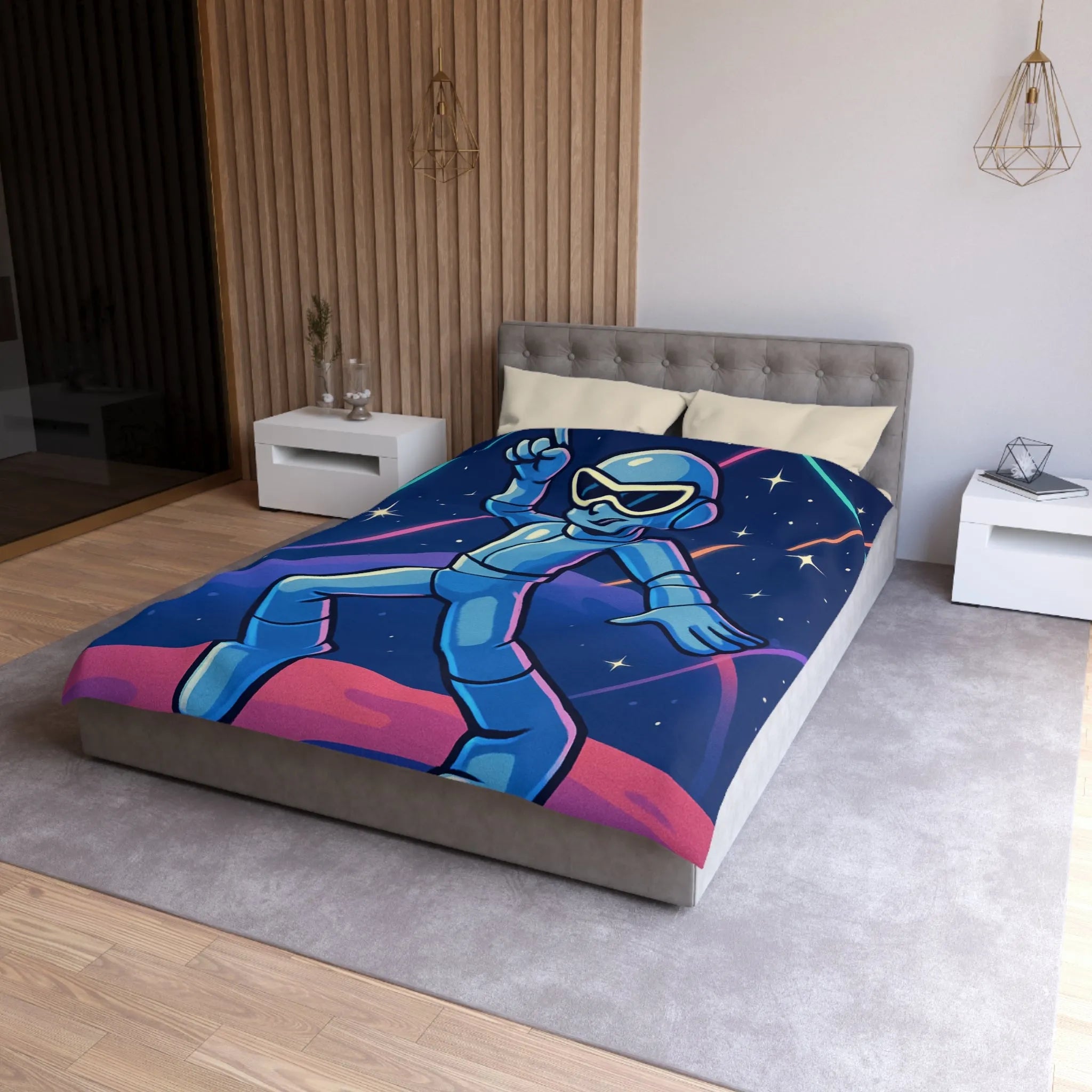 Housse de Couette Éclatante avec Robot dansant sur Fond Intergalactique Étoilé et Coloré