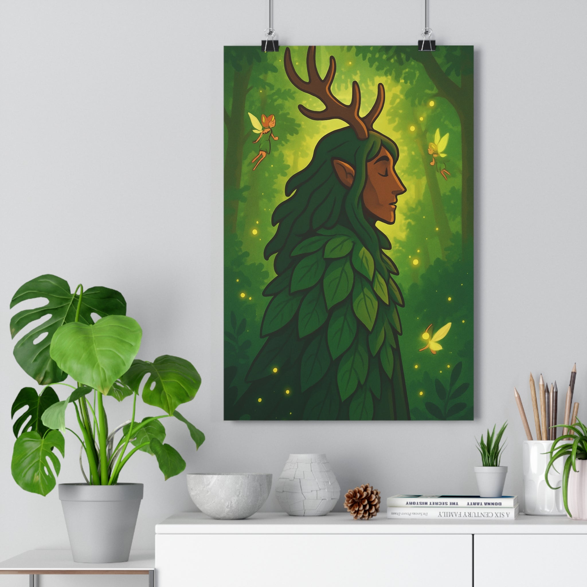 Poster décoratif féerique vert doré animé magique mystique chambre salon nature enchanté 30x46 cm
