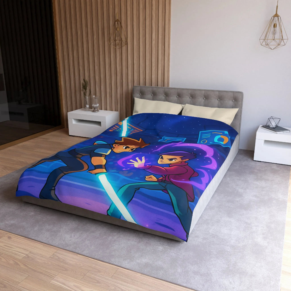 Housse de Couette Enfant Design Combat Futuriste avec Épées Laser et Pouvoirs Magiques