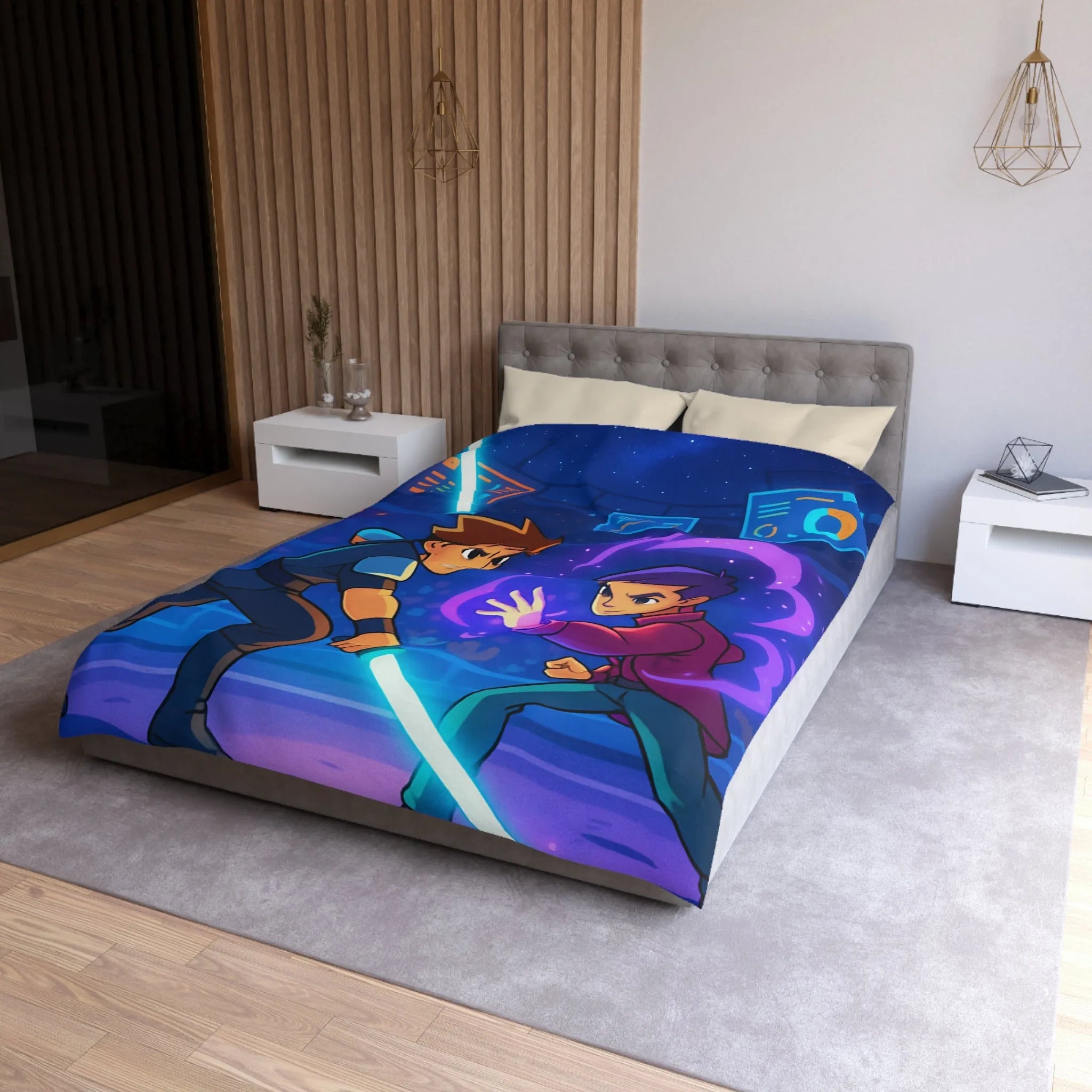 Housse de Couette Enfant Design Combat Futuriste avec Épées Laser et Pouvoirs Magiques