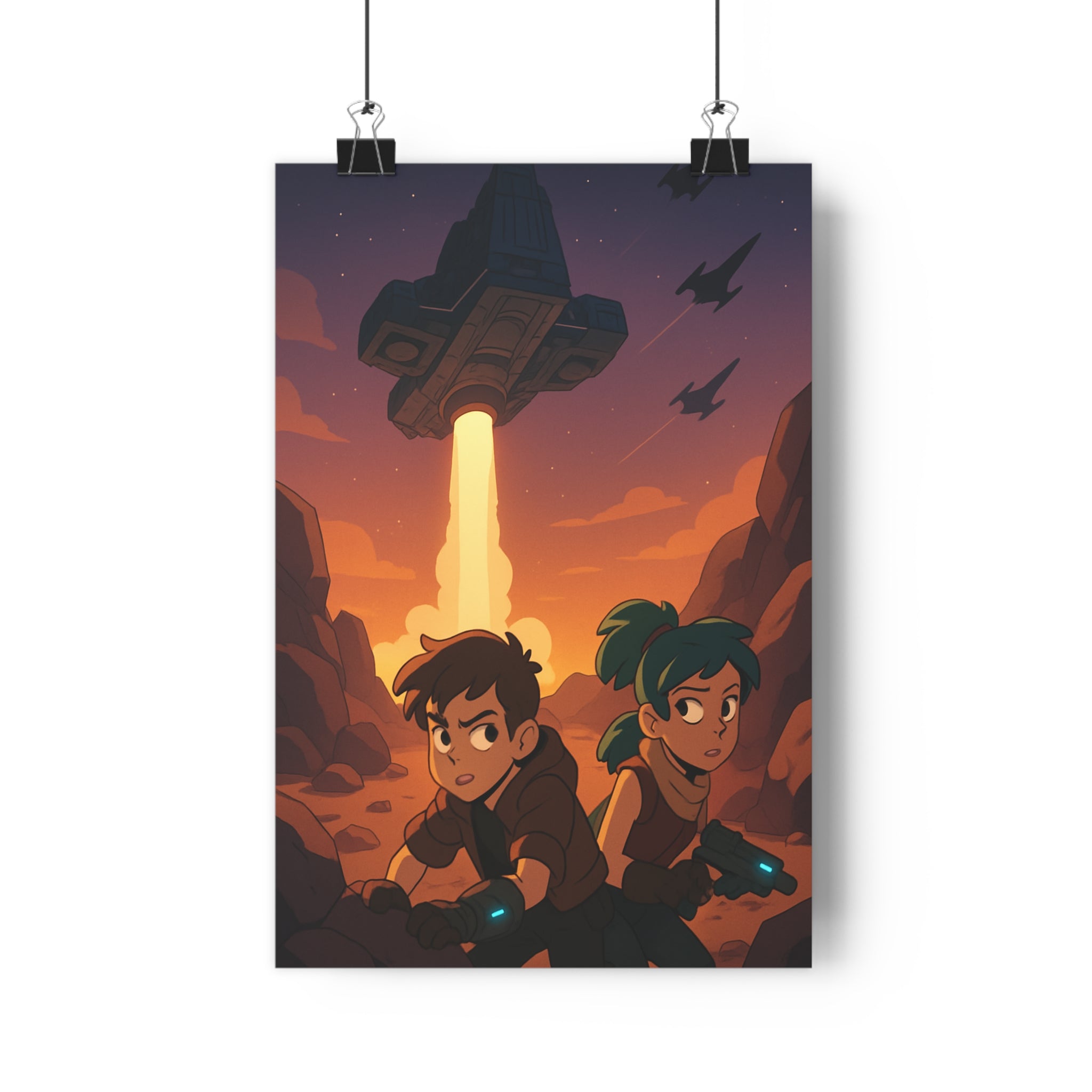 Poster décoratif aventure cartoon futuriste coloré vaisseau spatial désert enfants chambre salon bureau qualité