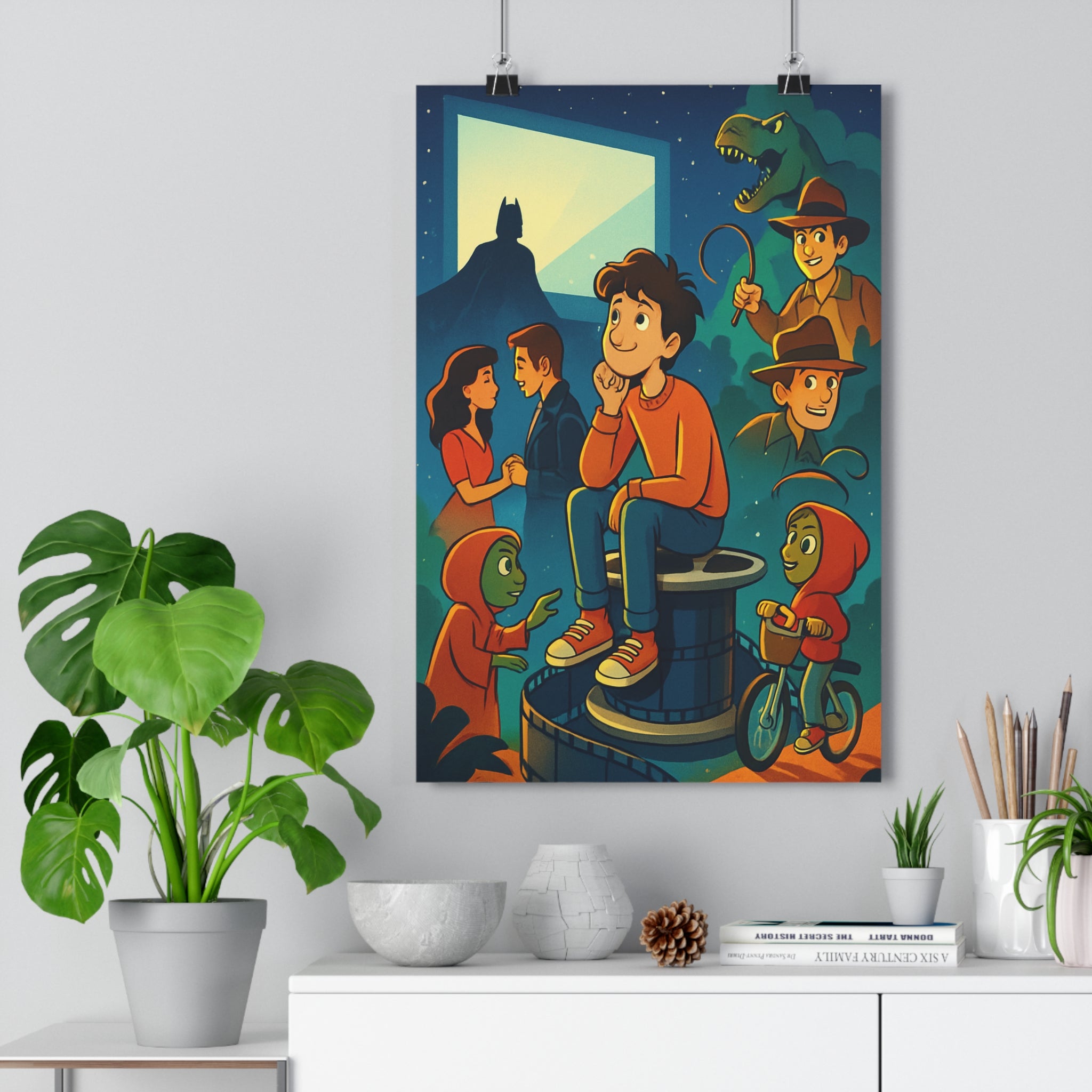 Poster décoratif nostalgique cinéma aventure vintage enfant magique coloré rouge bleu jaune rêveur iconique