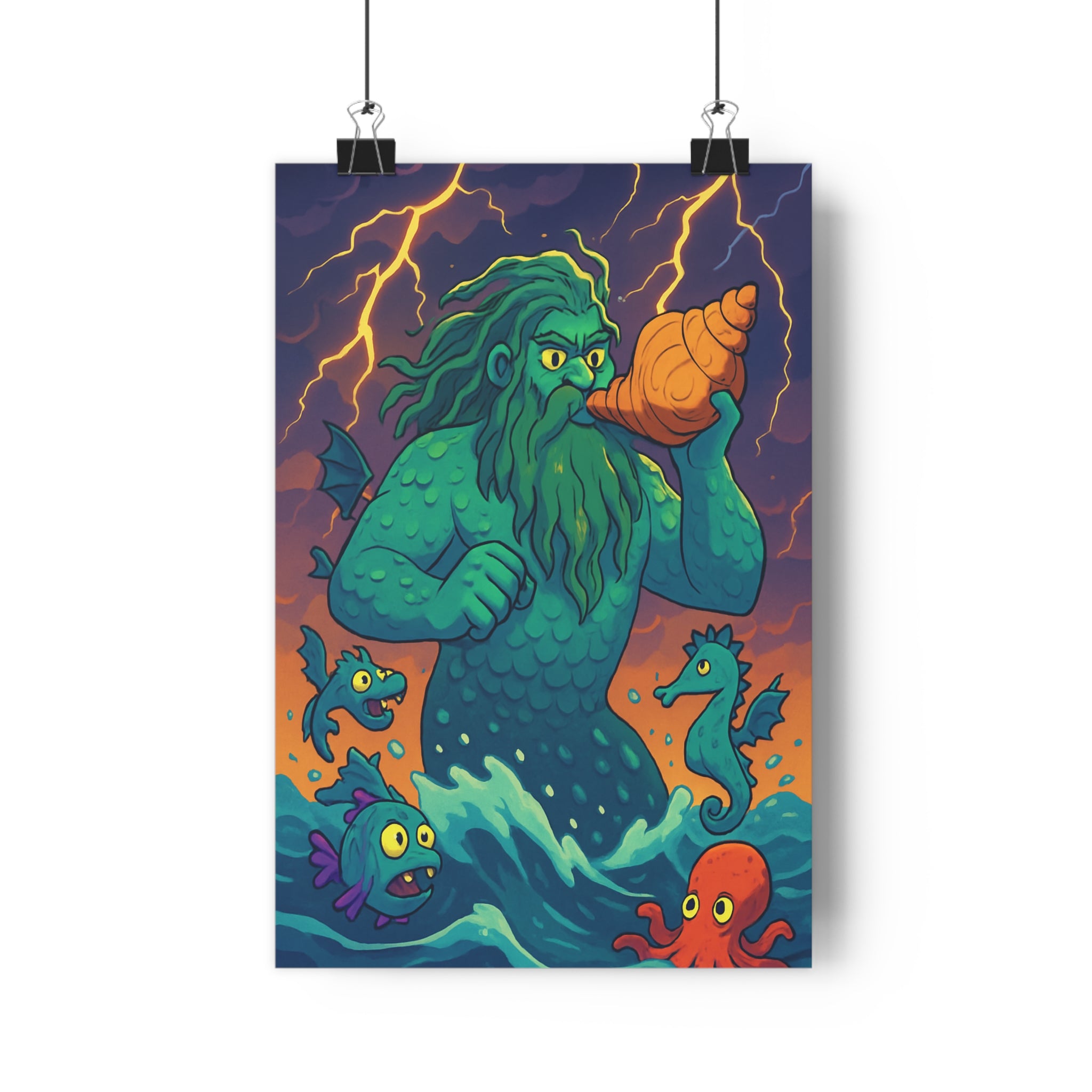 Poster décoratif cartoon bleu vert orange aventure mystique chambre salon bureau géant marin enfants